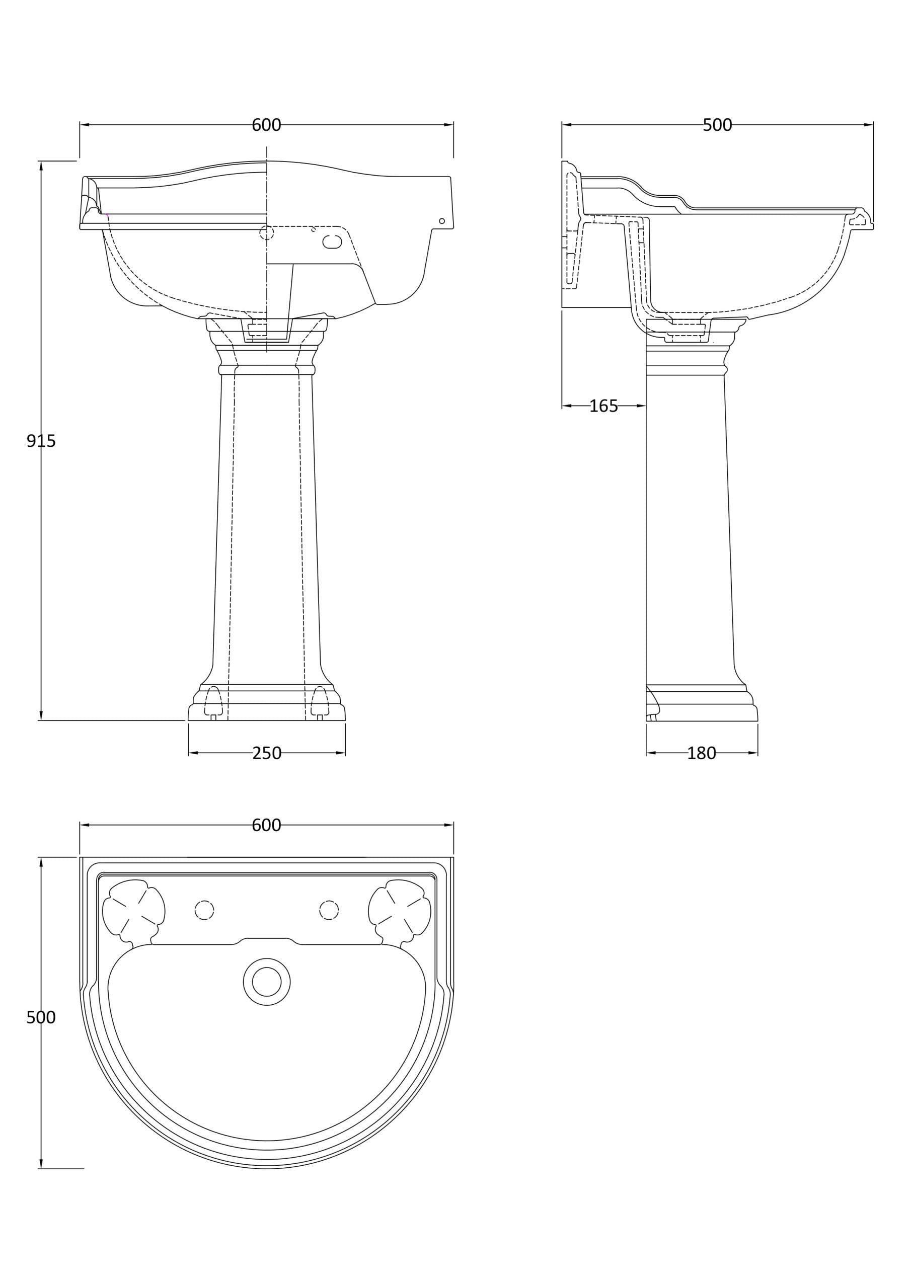 Elegant bathroom pedestal sink with detailed technical dimensions and classic design, perfect for modern and traditional bathroom remodels.