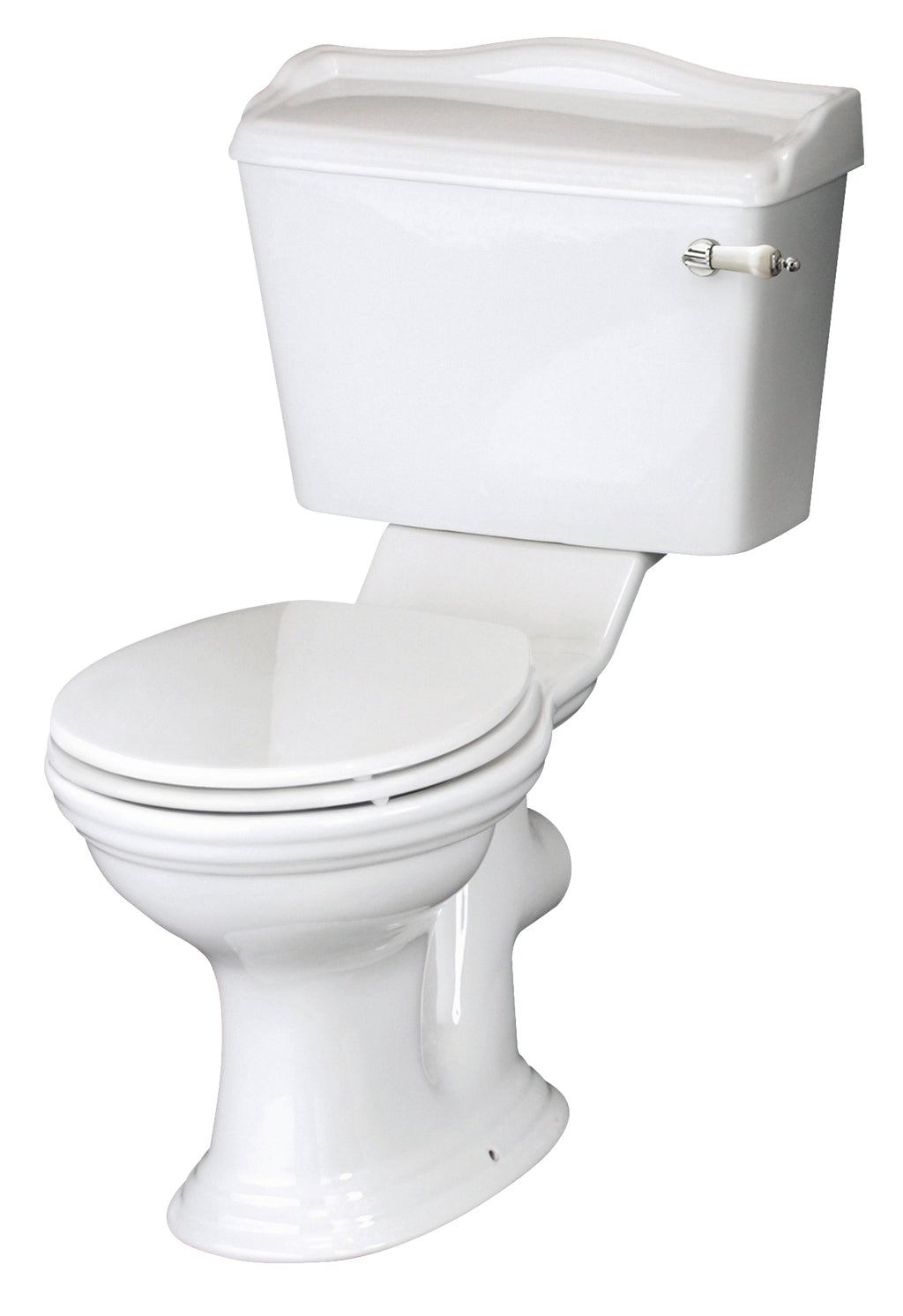 White ceramic toilet with traditional tank and round bowl, ideal for bathroom renovation and resurfacing projects. Durable and reliable for modern bathroom bathrooms.