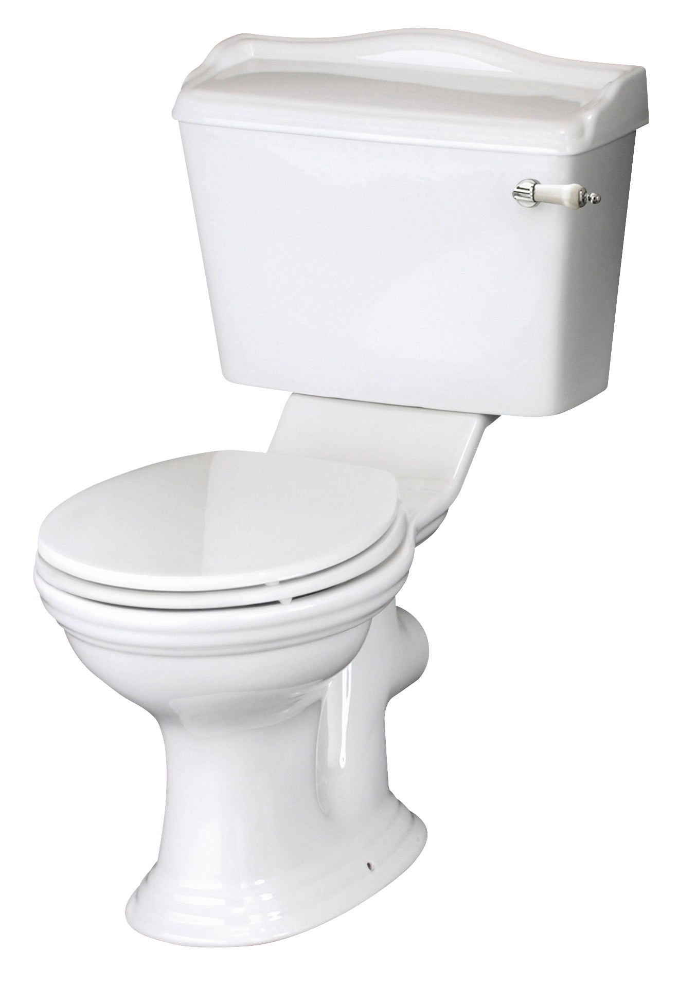 White ceramic toilet with traditional tank and round bowl, ideal for bathroom renovation and resurfacing projects. Durable and reliable for modern bathroom bathrooms.