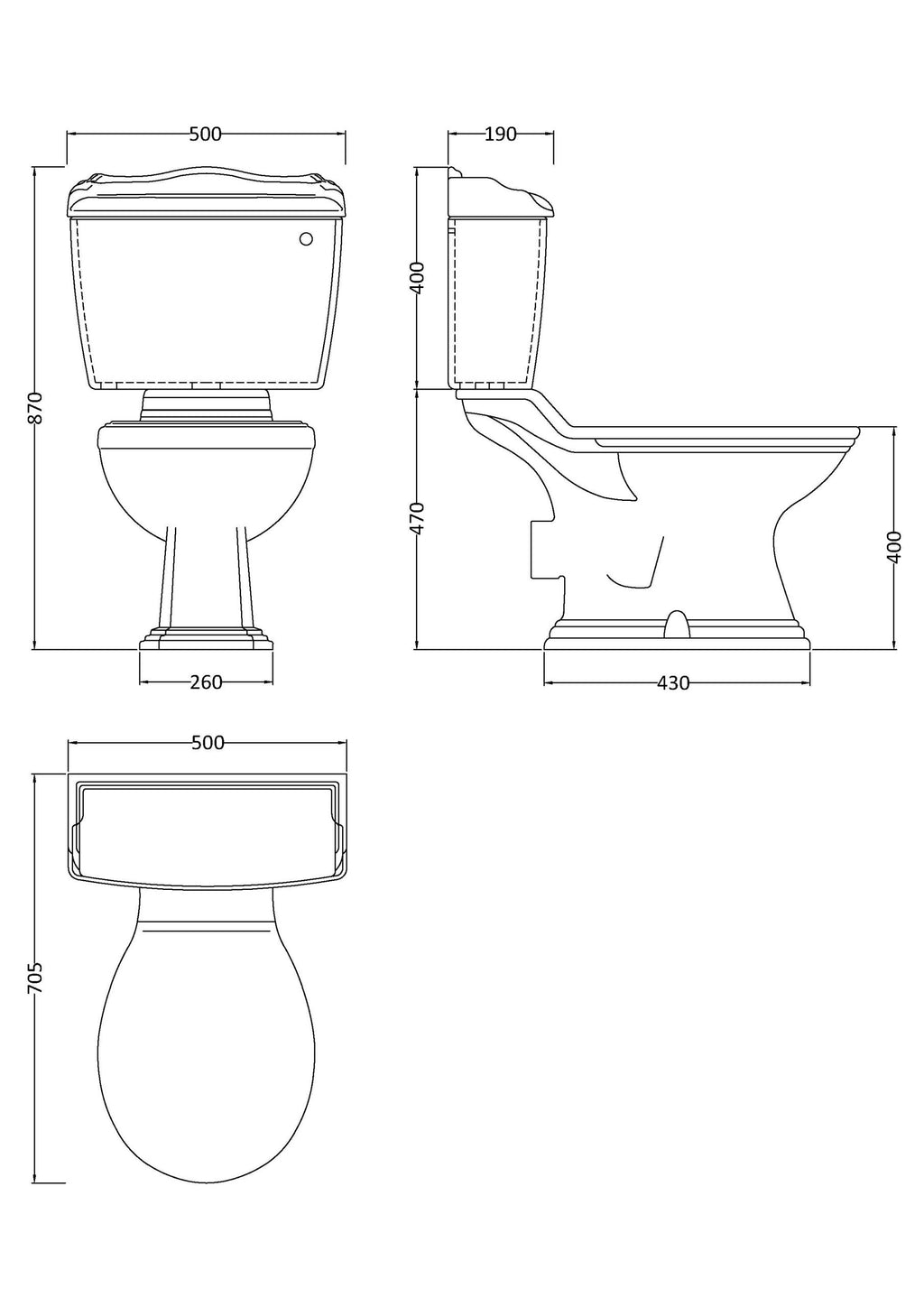 Schematic drawing of a traditional toilet with detailed measurements for bathroom renovation.