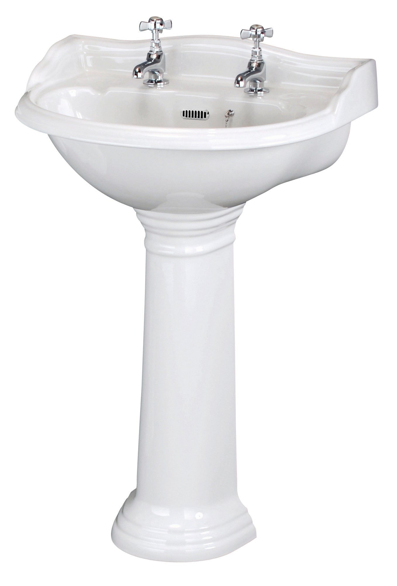 Retro white bathroom pedestal sink with dual chrome taps and overflow drain, classic Victorian-style design, perfect for vintage or traditional bathroom decor.