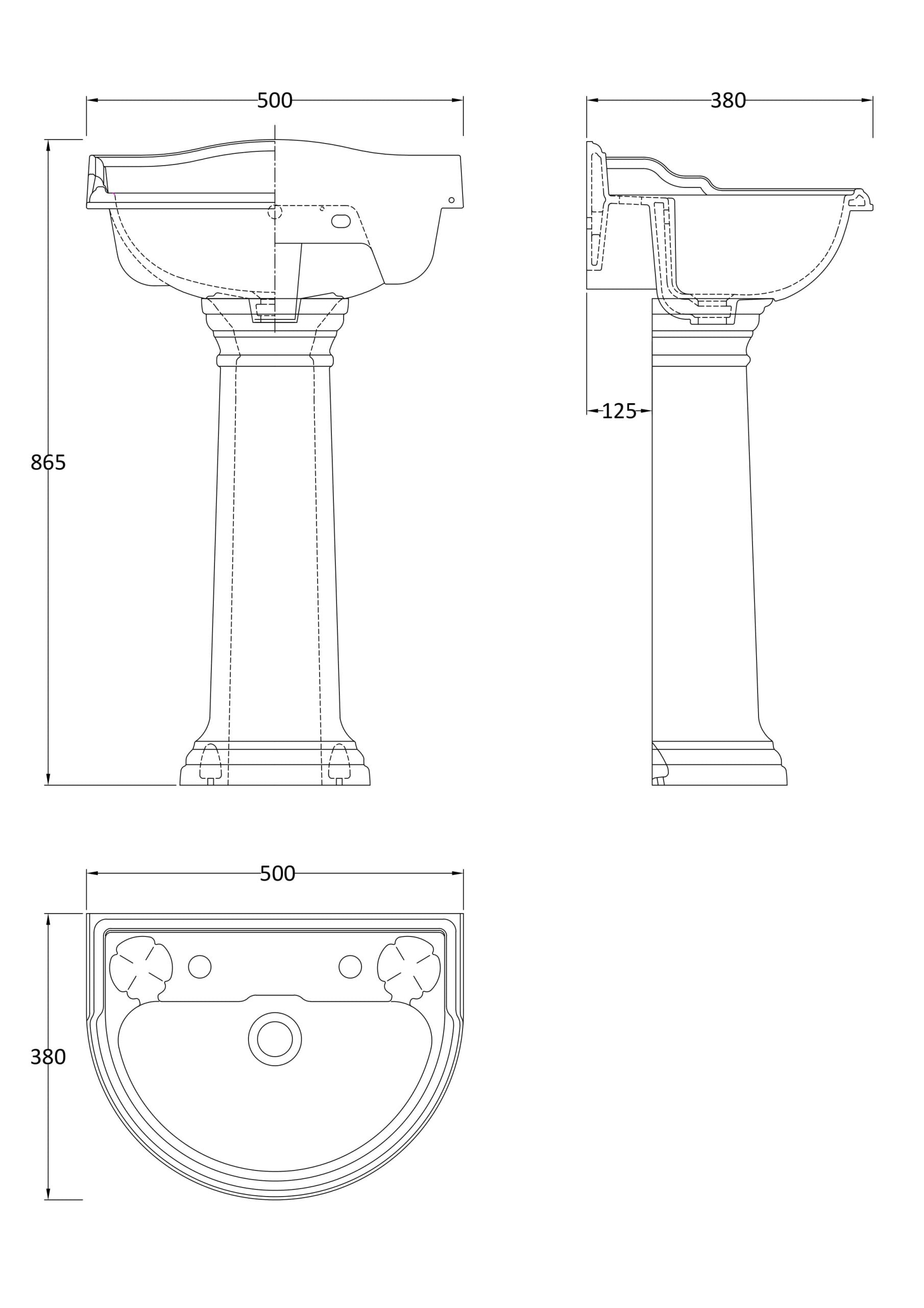 Schematic drawing of a classic bathroom pedestal sink with detailed measurements for installation and design. Perfect for bathroom renovation projects and plumbing specifications.