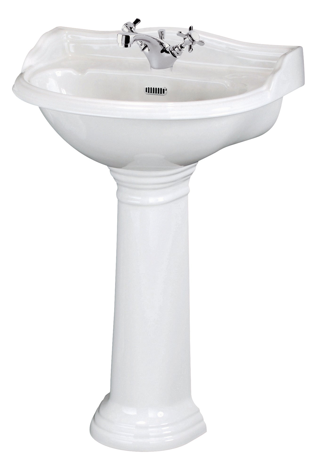 White ceramic bathroom sink with chrome tap and pedestal, traditional style washbasin for classic bathroom decor.