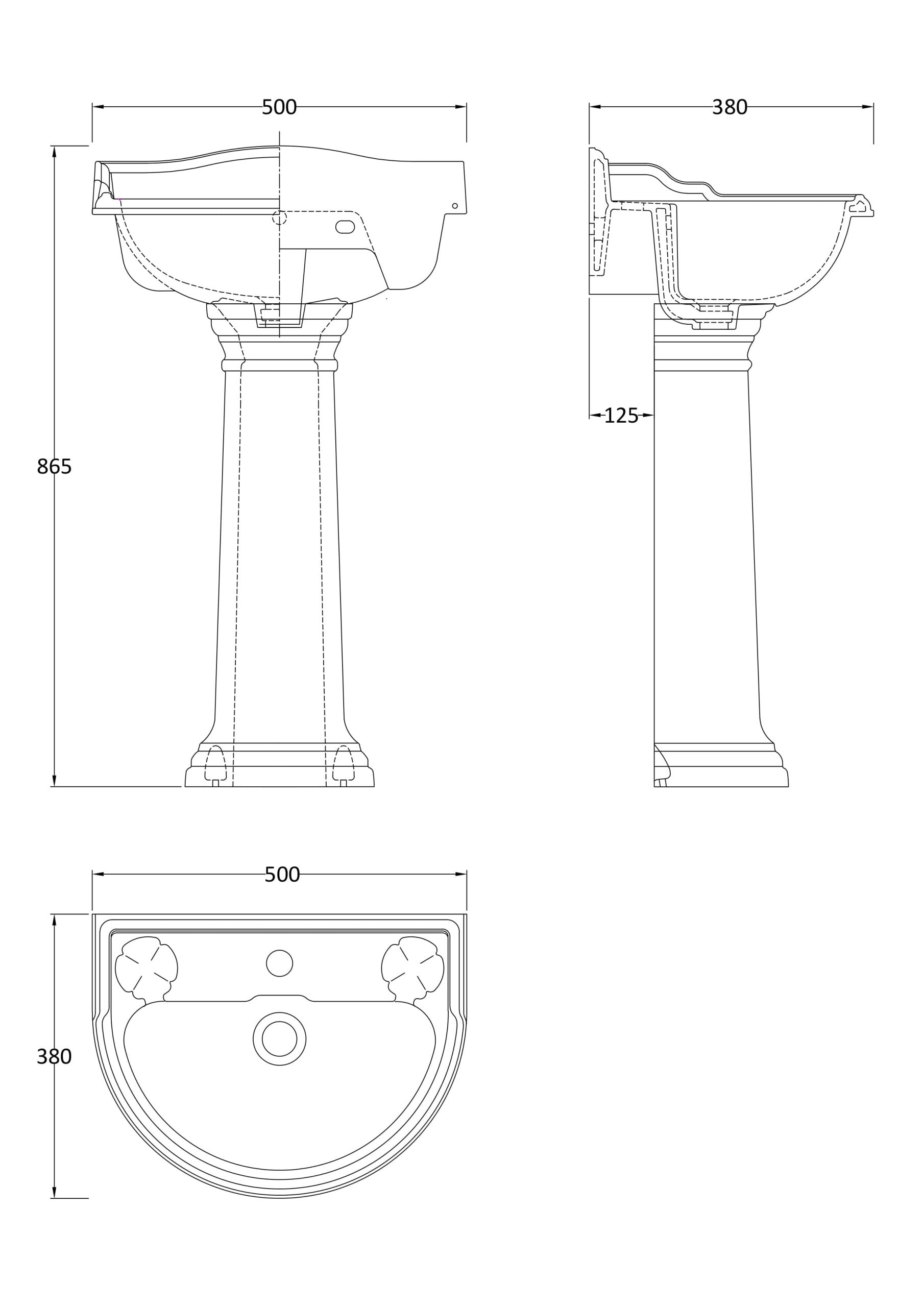 Elegant vintage-style bathroom sink with pedestal, ideal for classic bathroom designs, featuring precise measurements for seamless installation. Perfect for luxurious bathroom renovations or fittings.