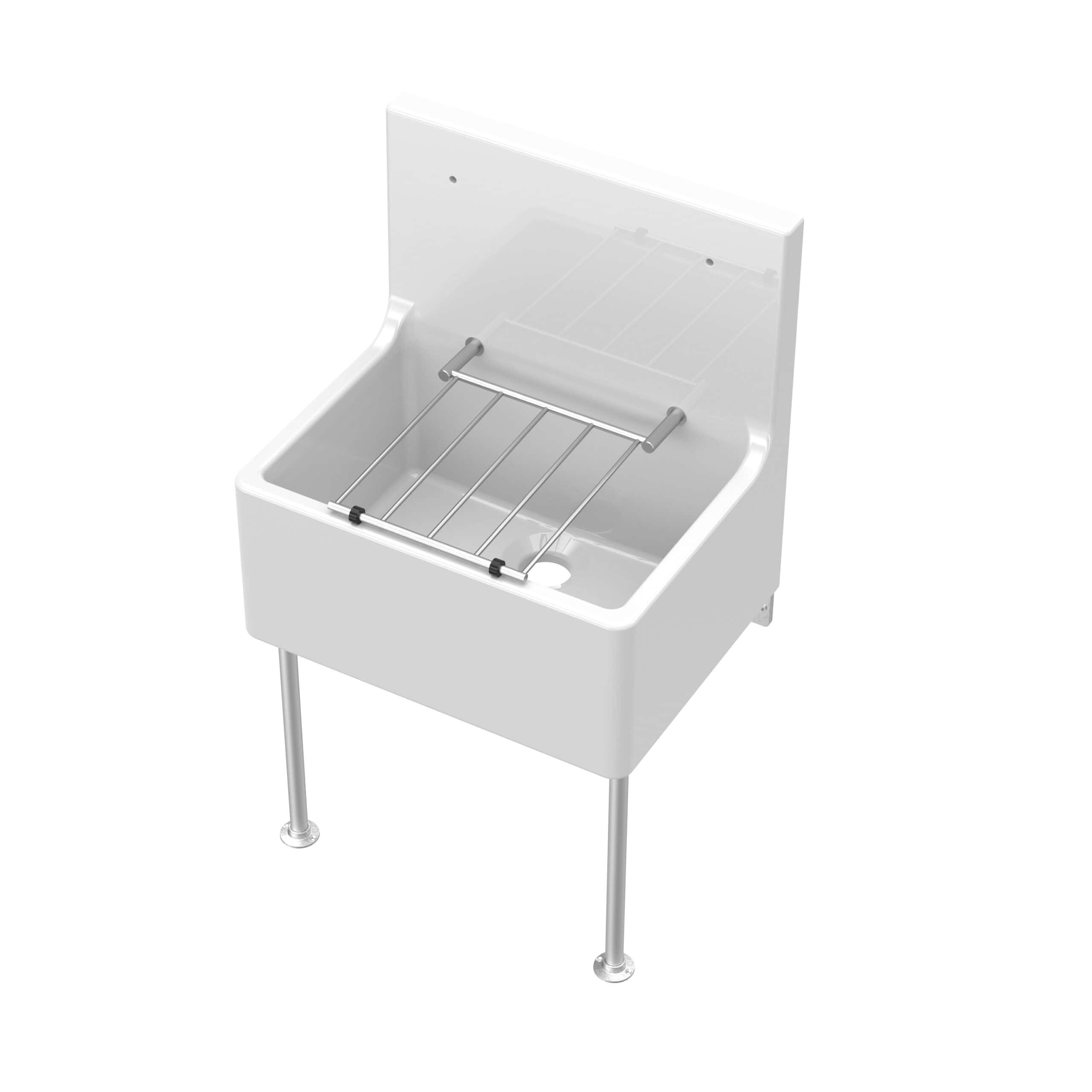 Stainless steel laundry sink with integrated drying rack, designed for commercial and residential bathroom use, featuring durable build and practical drainage system.