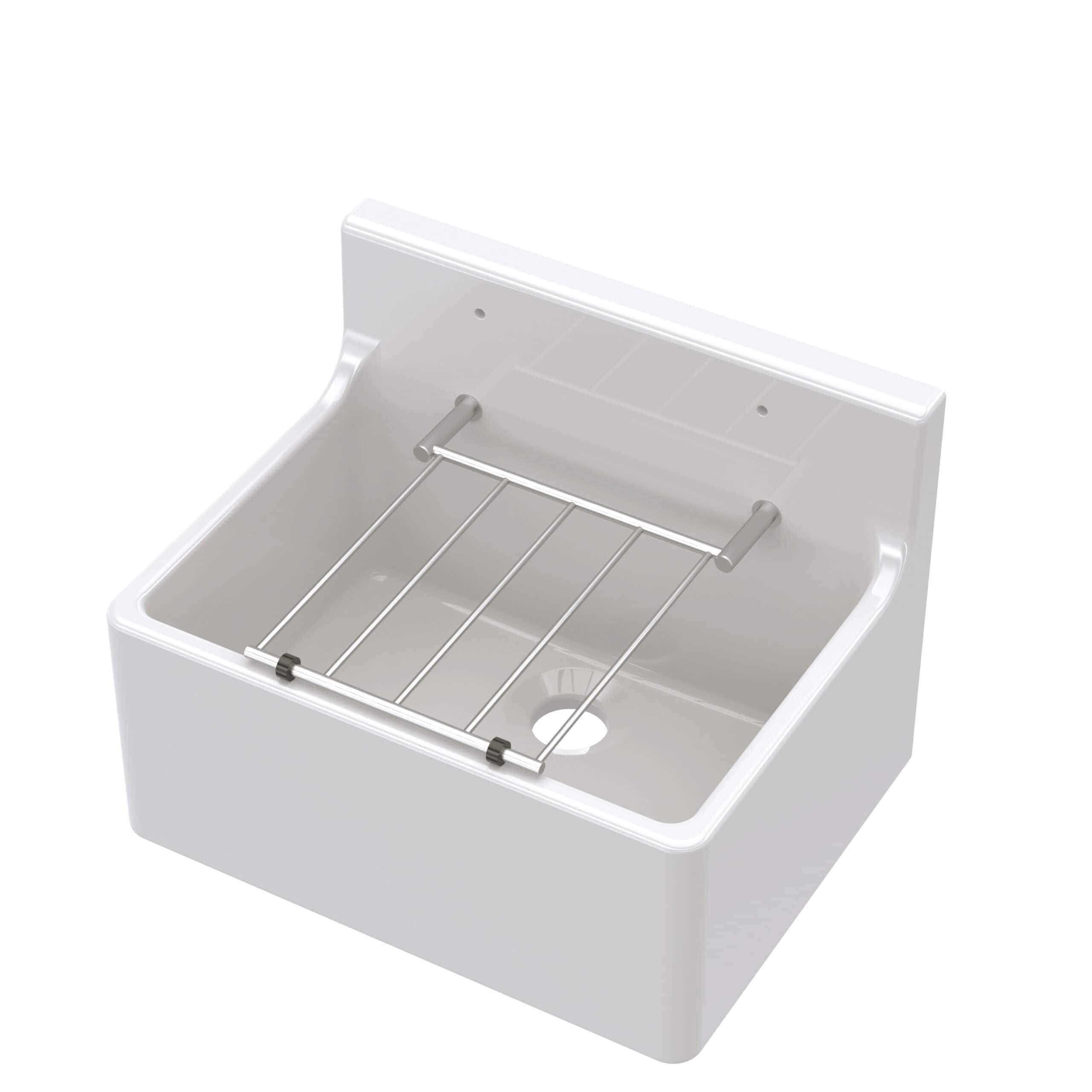 Warming tray for bathroom sink, easy-to-clean white basin with stainless steel rack, perfect for drying toiletries and accessories, modern design suitable for bathroom decor.