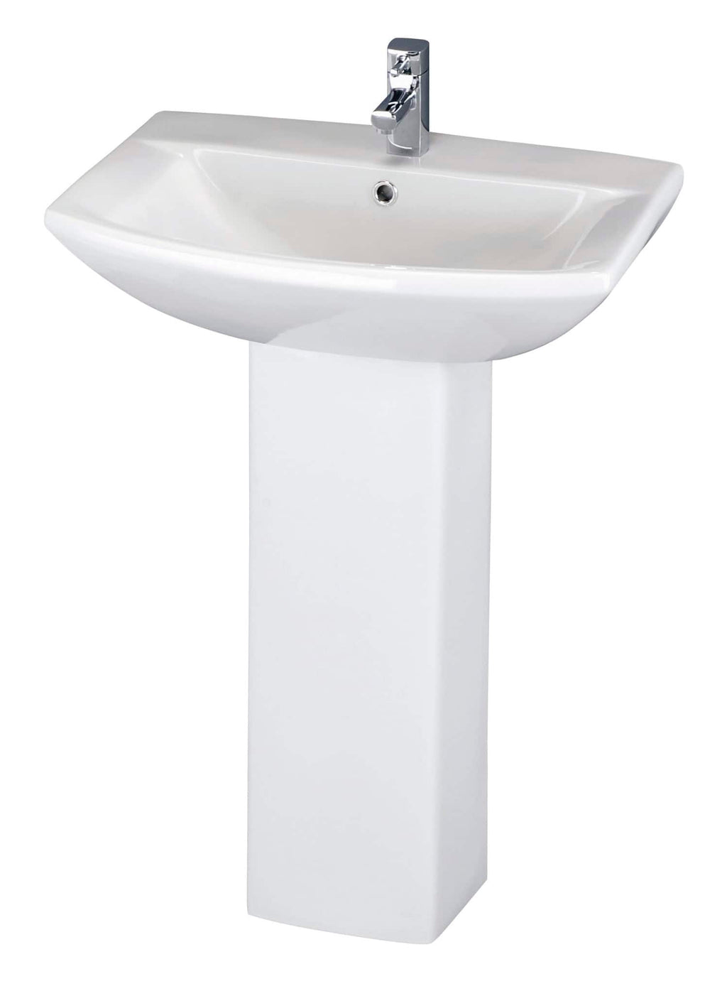 Contemporary white bathroom sink with pedestal, modern chrome tap, ideal for bathroom vanity units, durable ceramic basin, sleek design for stylish bathroom decor.