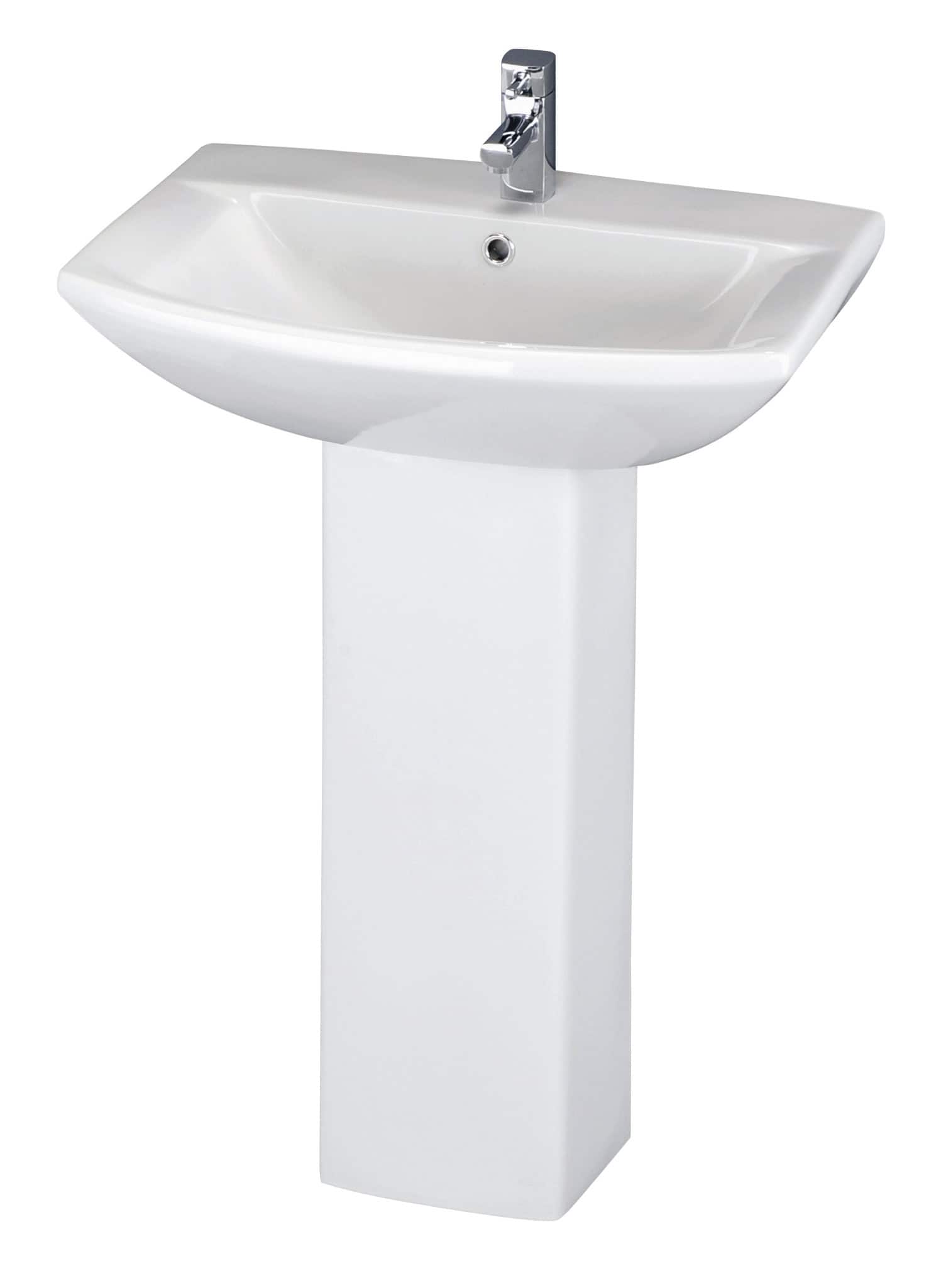 Contemporary white bathroom sink with pedestal, modern chrome tap, ideal for bathroom vanity units, durable ceramic basin, sleek design for stylish bathroom decor.