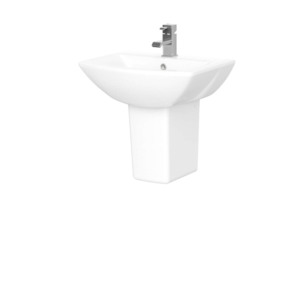 Contemporary white bathroom pedestal sink with a chrome mixer tap, ideal for modern bathroom designs featuring sleek and clean aesthetics for functionality and style.