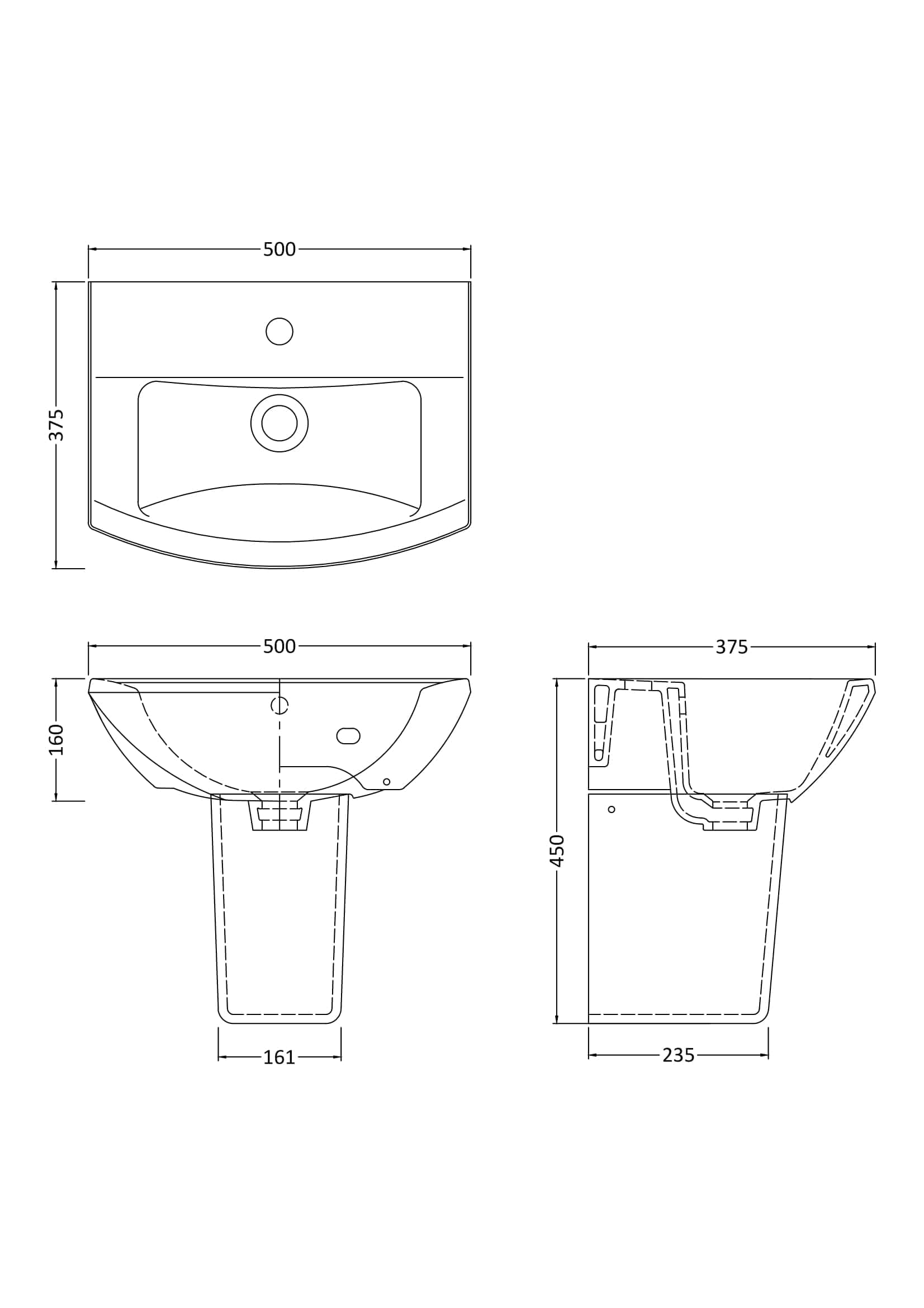 Sleek white bathroom vanity sink with dimensions 500mm x 375mm, featuring a modern design suitable for contemporary bathrooms, easy to install and maintain for a stylish look.