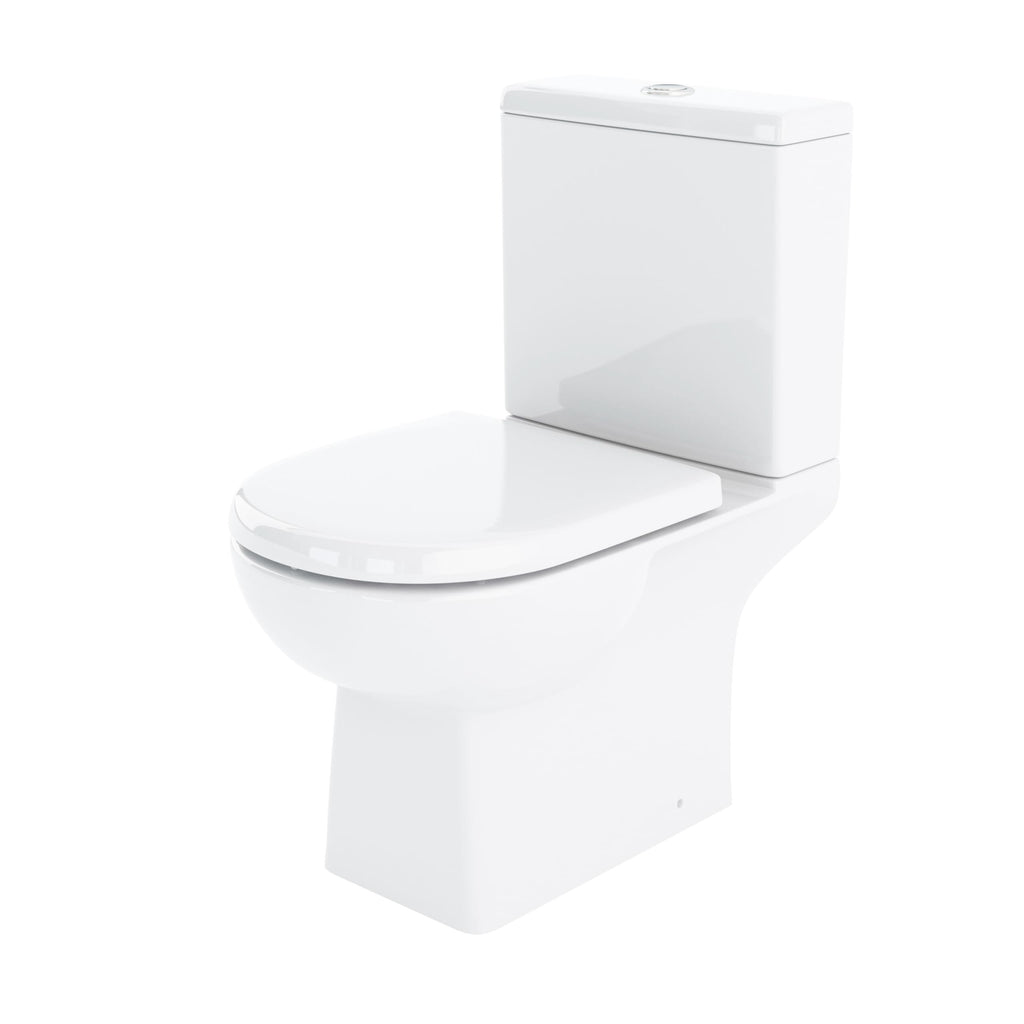 White modern close-coupled toilet from Bubly Bathrooms in the UK, designed for efficient bathroom use and sleek aesthetics. Perfect for contemporary bathroom renovations.