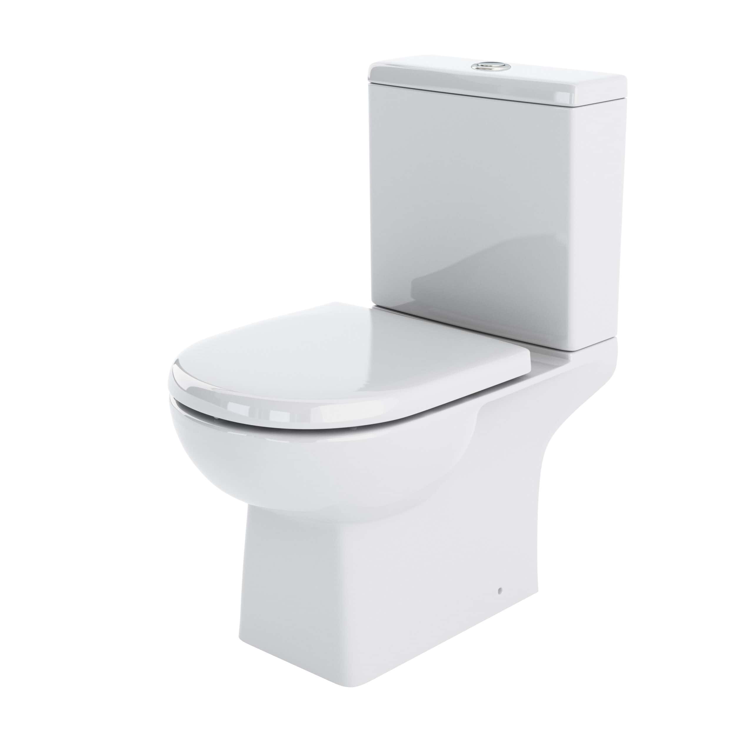 White modern close-coupled toilet from Bubly Bathrooms in the UK, designed for efficient bathroom use and sleek aesthetics. Perfect for contemporary bathroom renovations.