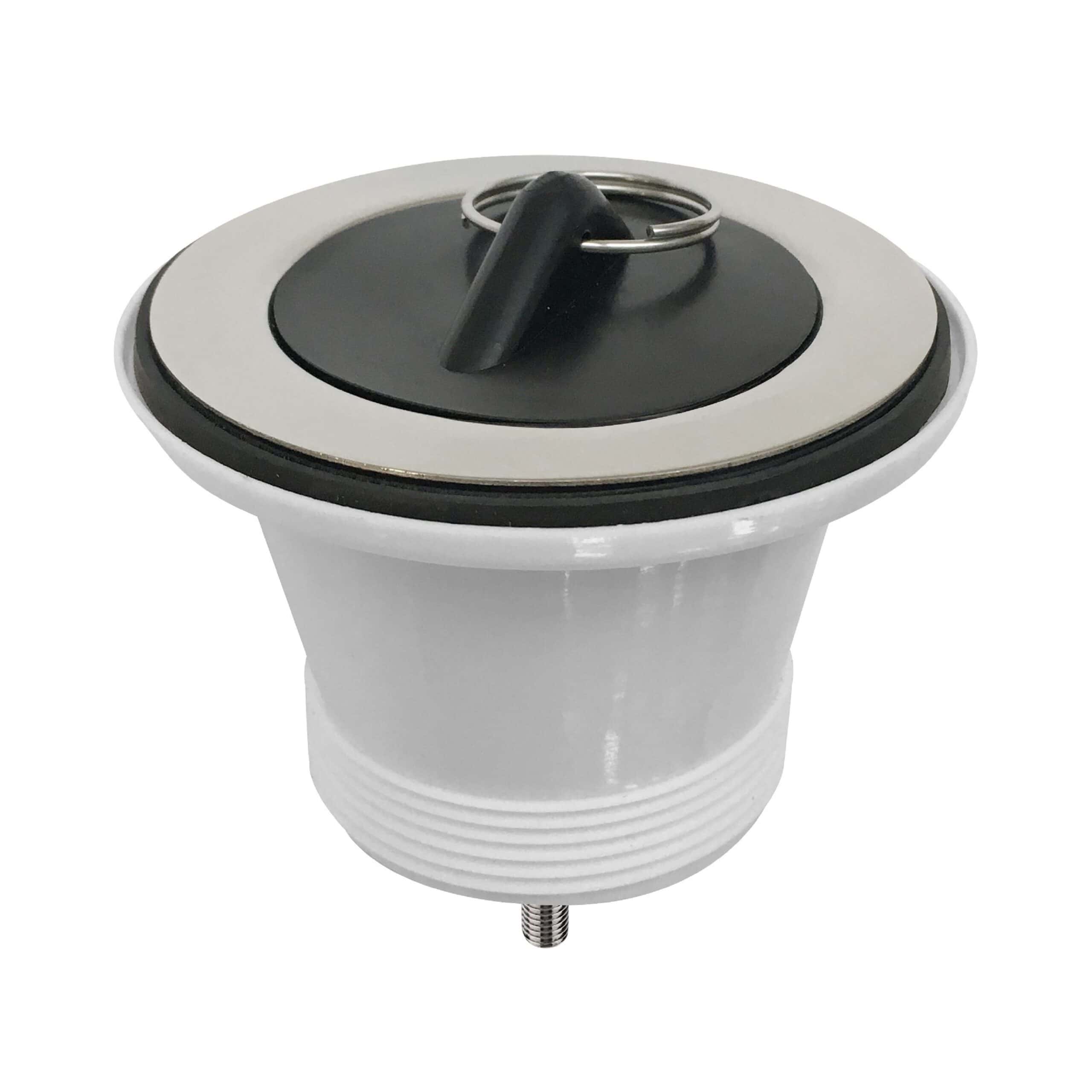 Button waste domain for bathroom sink or basin with push-button operation, durable plastic and metal construction, suitable for modern bathroom fixtures and plumbing systems.