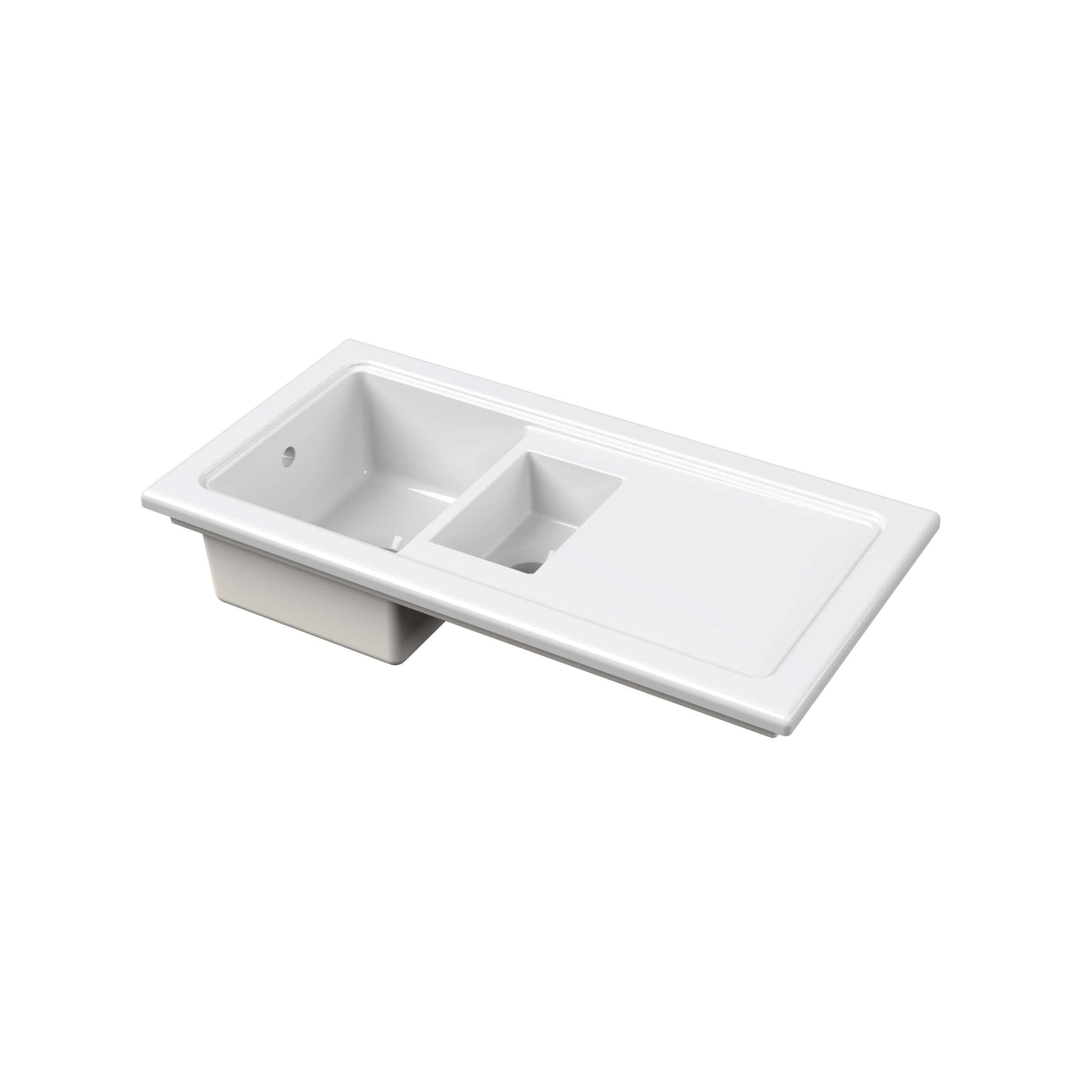 Chrome Bathroom Sink with Two Basins and Drainer, ideal for modern bathroom designs, featuring a sleek white ceramic finish. Perfect for space-efficient bathroom plumbing and washbasin setups.