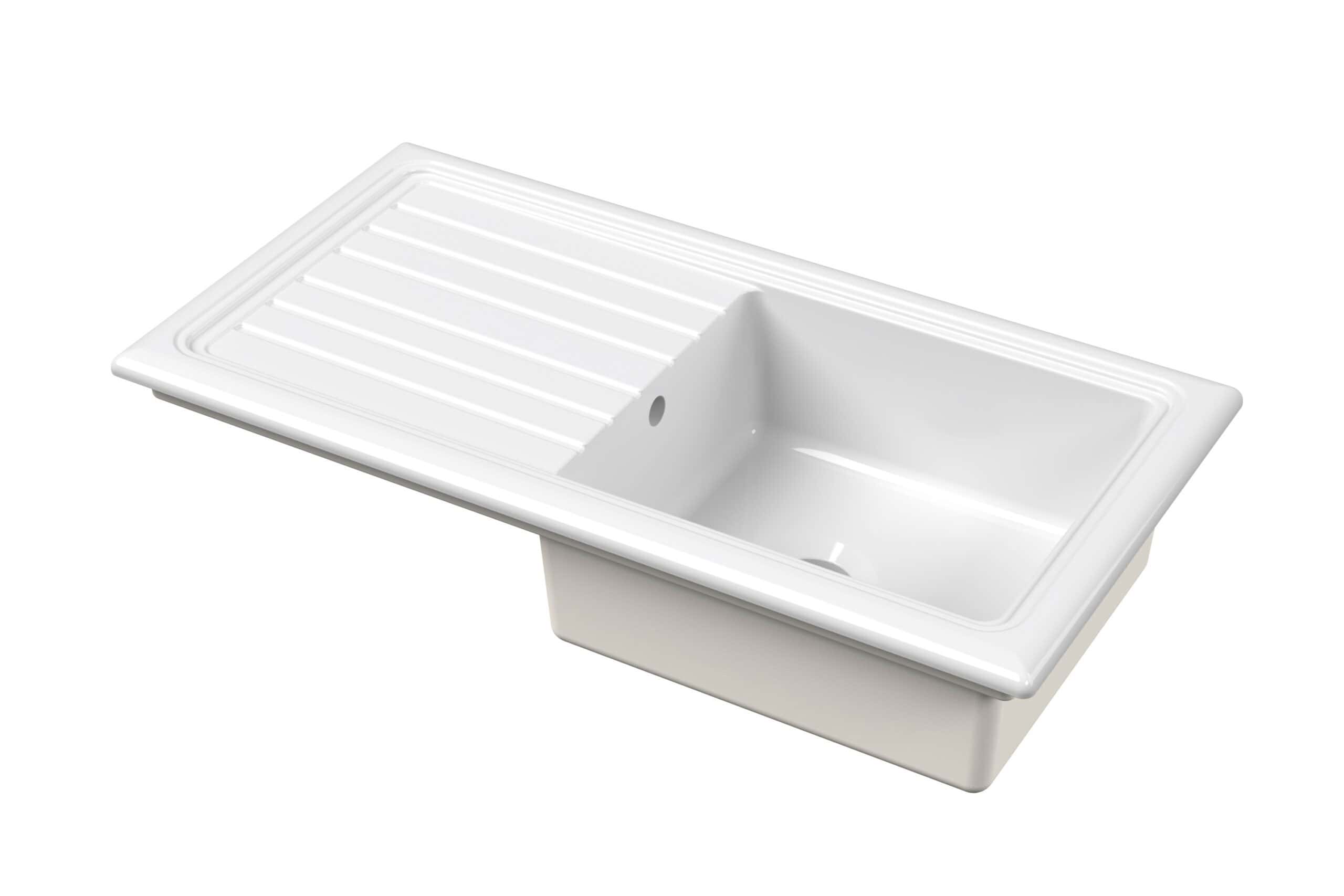 Modern white kitchen sink with integrated draining board, perfect for contemporary bathrooms and kitchens. Durable ceramic finish with a sleek design for easy cleaning and functionality.