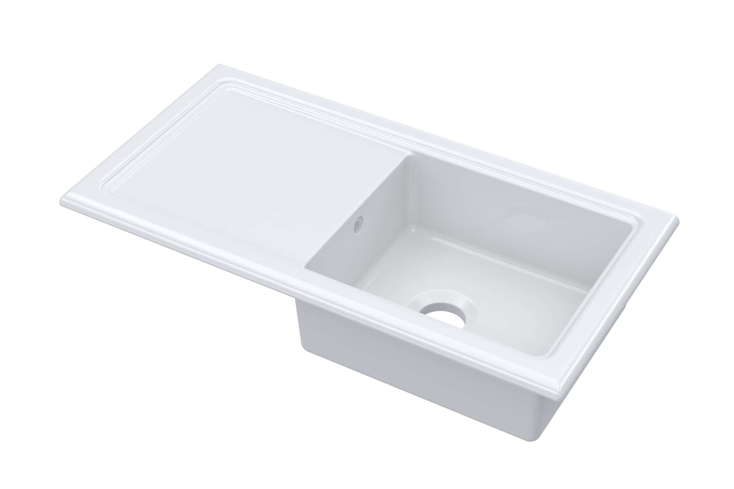 Stainless steel kitchen sink with drainer, single basin, modern design, white finish, easy to install, ideal for everyday use, robust and durable, perfect for contemporary bathrooms and kitchens.