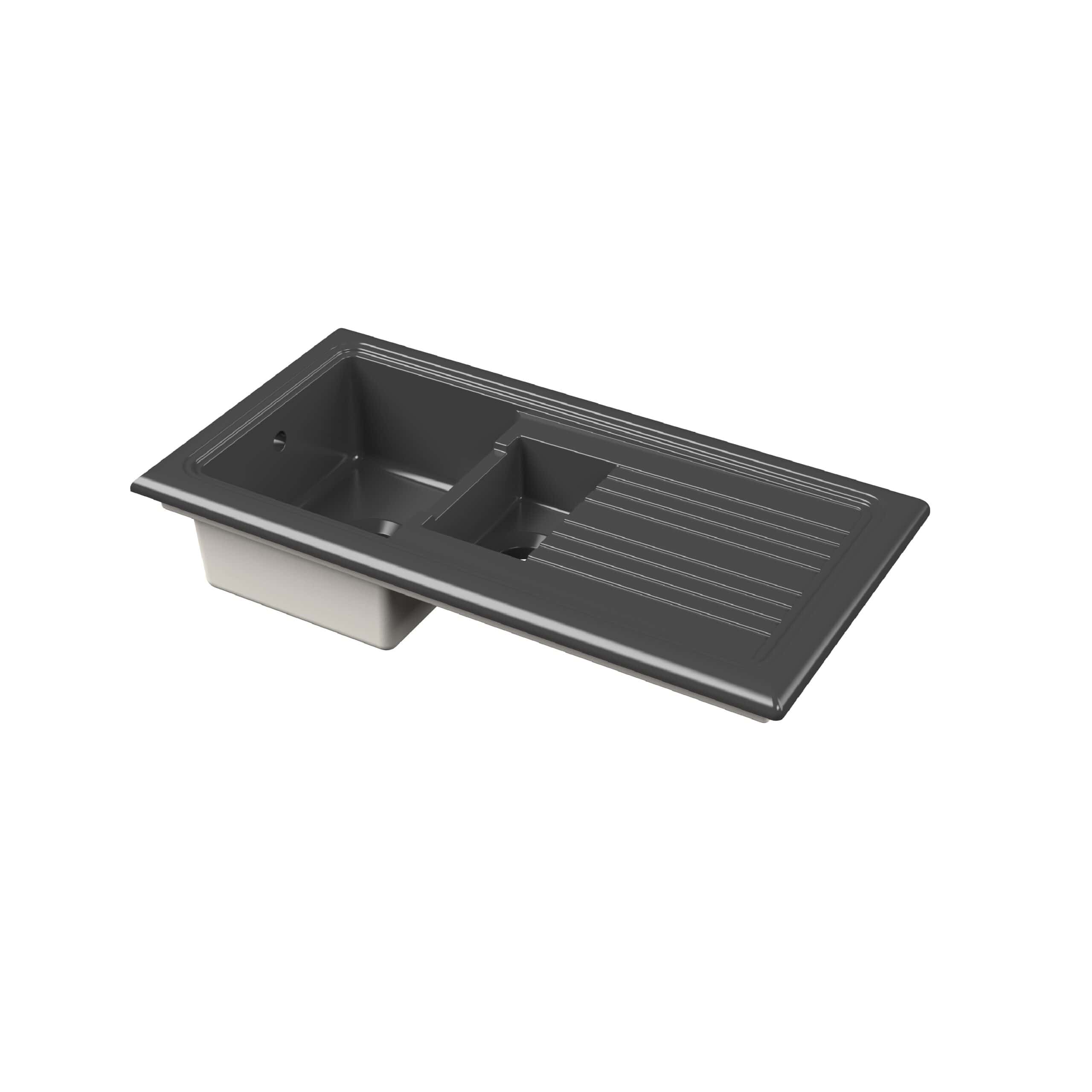 Stainless steel kitchen sink with drainer and side bowl, modern design for bathrooms and kitchens, durable and easy to clean.