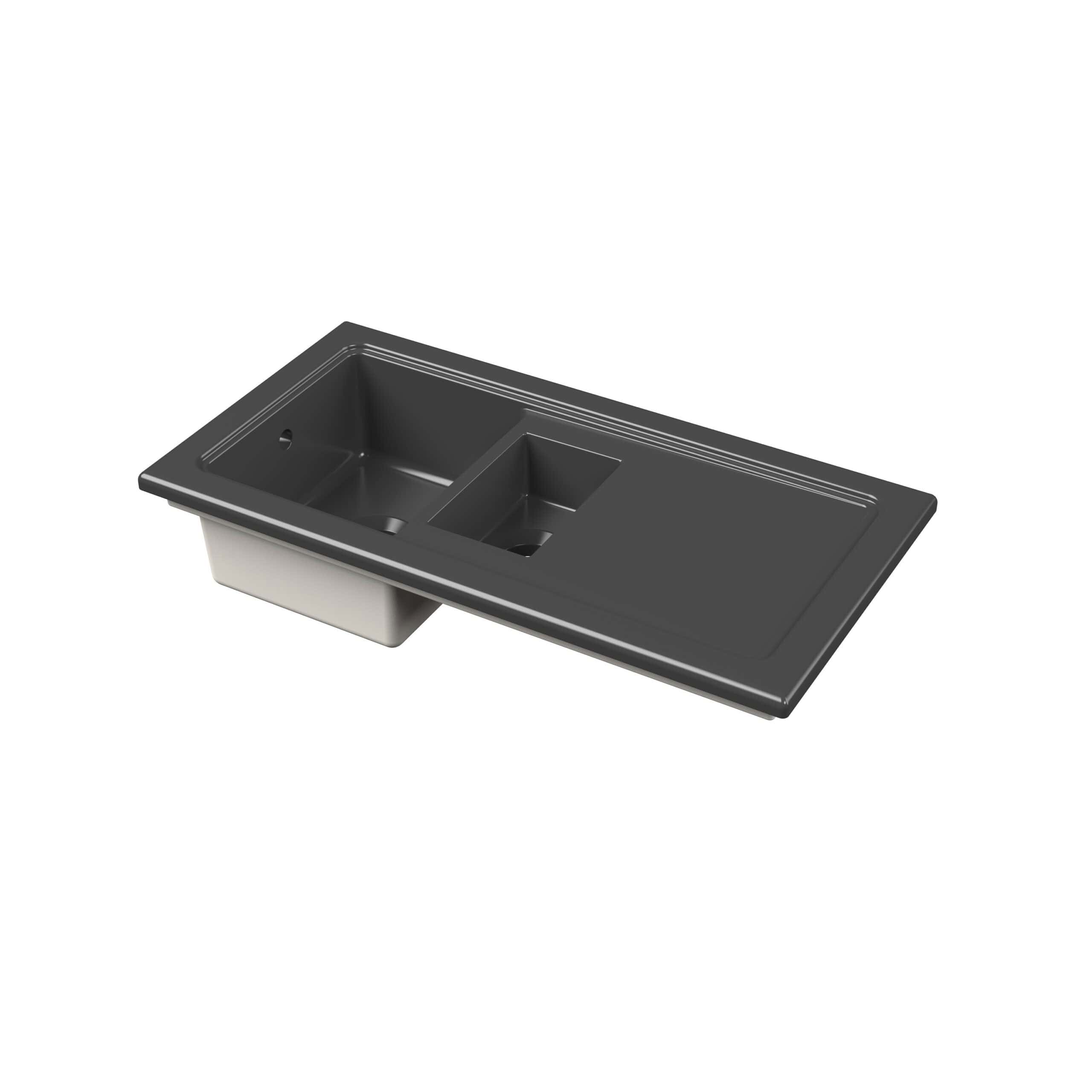 Black and white kitchen undermount sink with integrated draining board, modern design for sleek bathrooms and kitchens. Durable, easy to clean, perfect for contemporary bathroom or kitchen remodels.