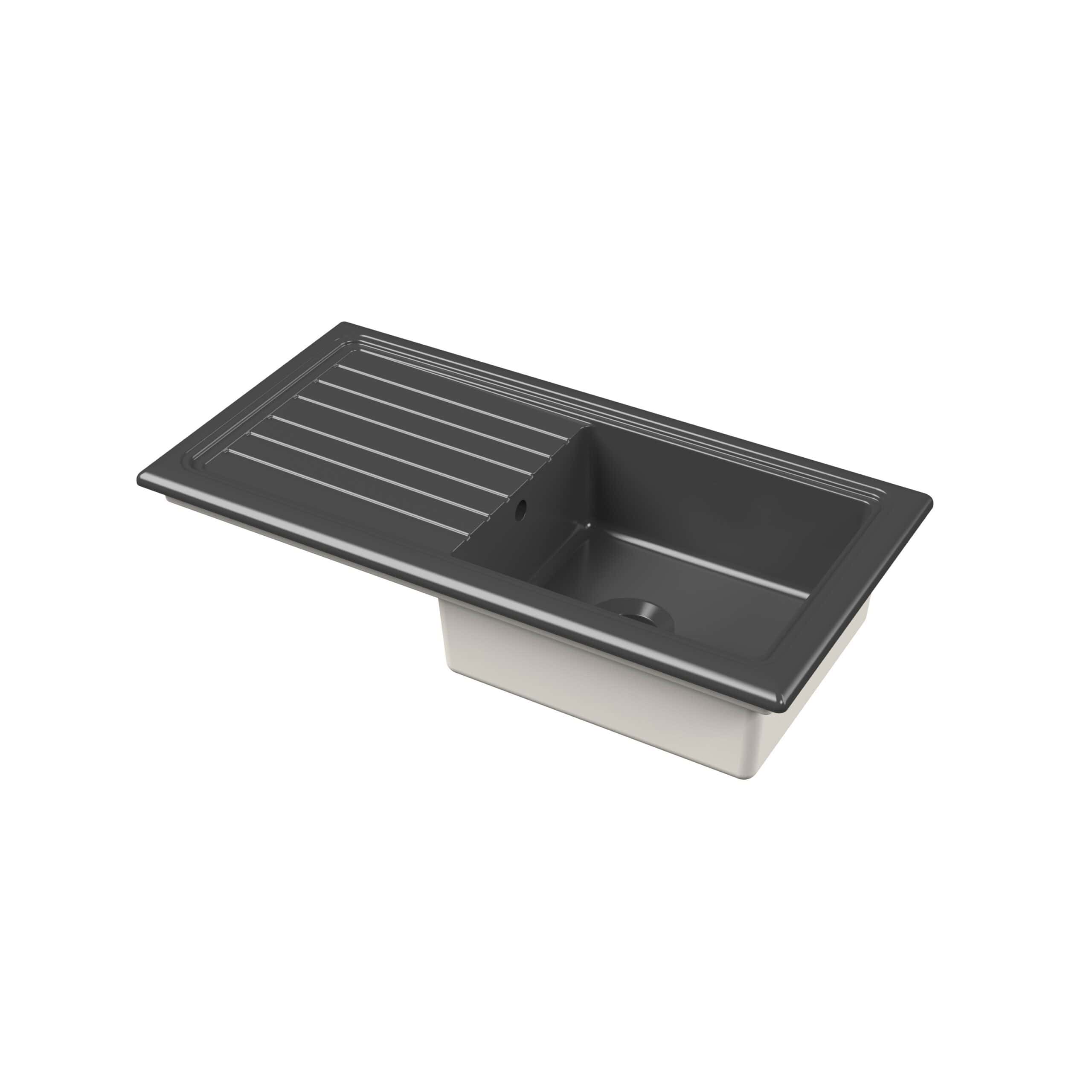 Stainless steel kitchen sink with draining board, modern design, ideal for contemporary bathrooms and kitchens. Durable and easy to clean, perfect for home renovation projects.