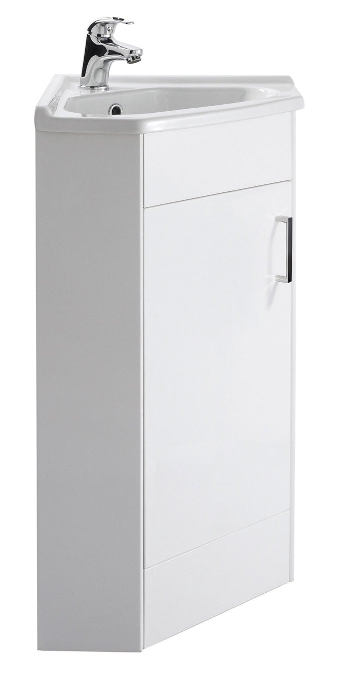 A white bathroom vanity unit with integrated sink and chrome faucet, ideal for modern bathroom setups. Compact design with storage drawer and cupboard for toiletries and essentials.