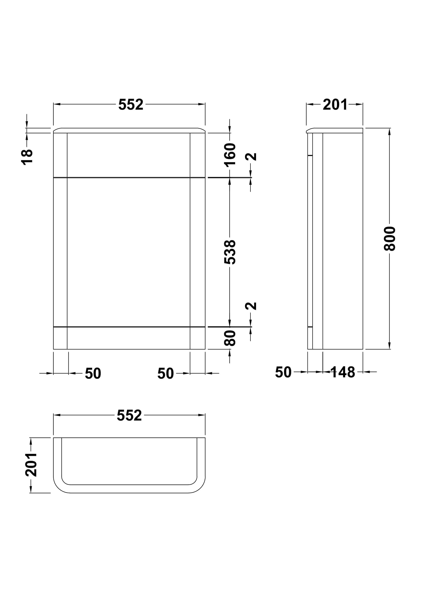 Crisp outline of a modern bathroom vanity, measuring 552mm x 201mm x 800mm, with detailed dimensions for precise installation, perfect for contemporary Bubly bathroom designs.