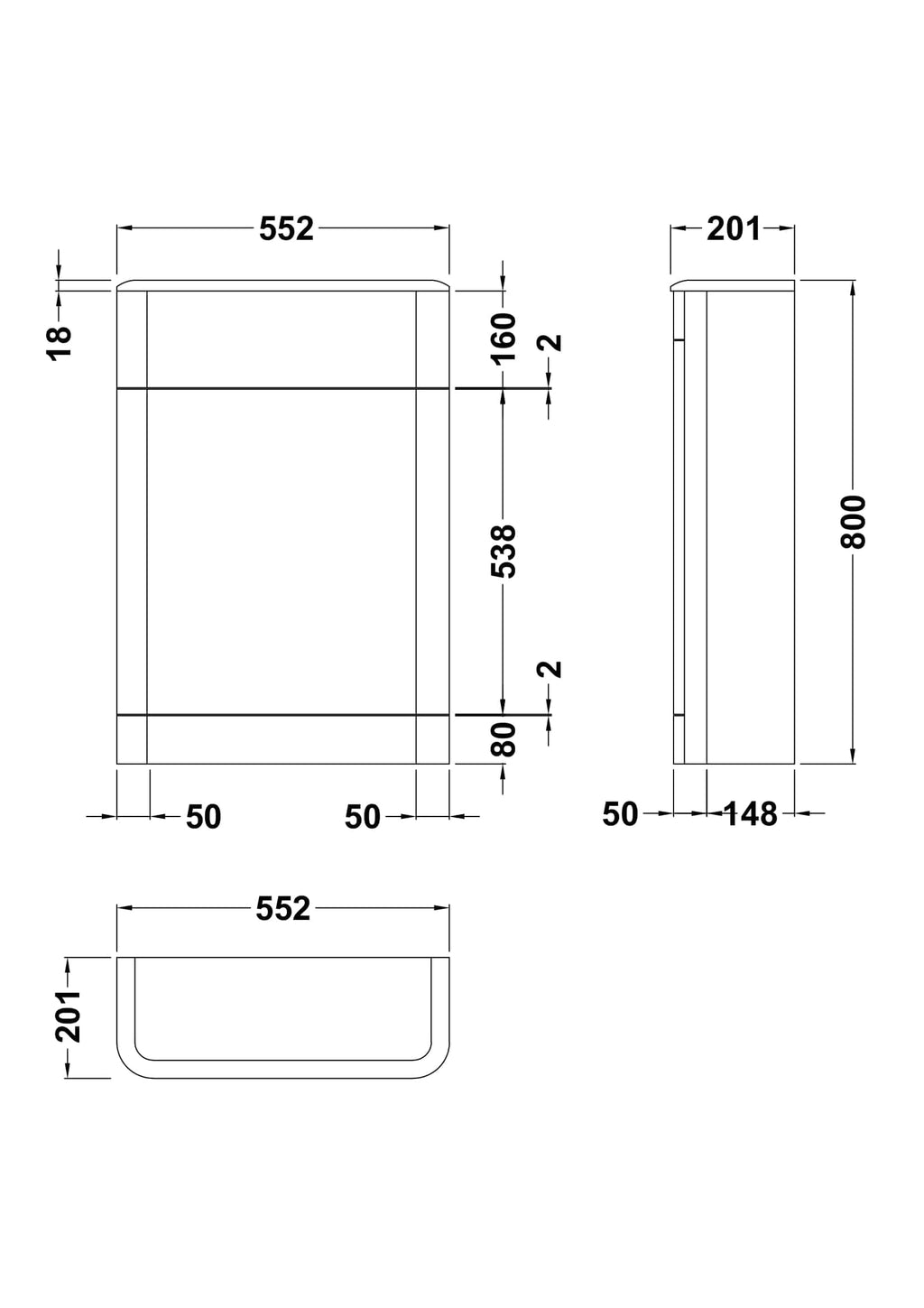Crisp outline of a modern bathroom vanity, measuring 552mm x 201mm x 800mm, with detailed dimensions for precise installation, perfect for contemporary Bubly bathroom designs.