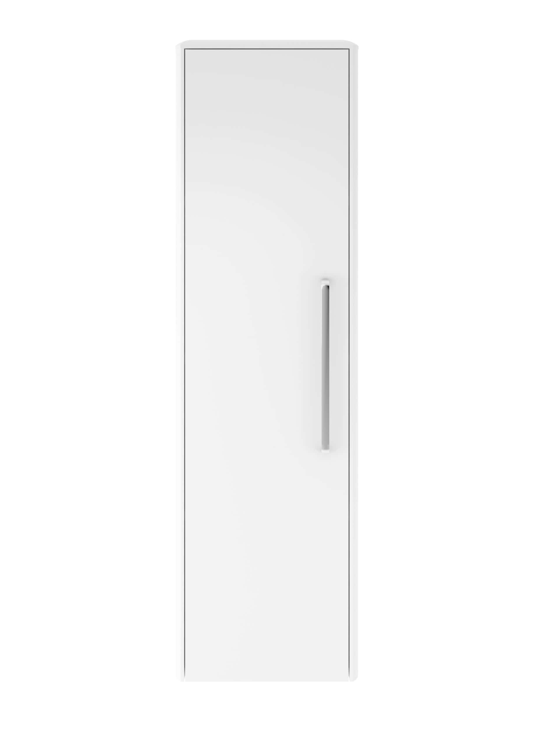 Sleek white bathroom cabinet with a long vertical handle, ideal for modern bathroom storage solutions. Perfect for organising toiletries and bathroom essentials in a minimalist design.