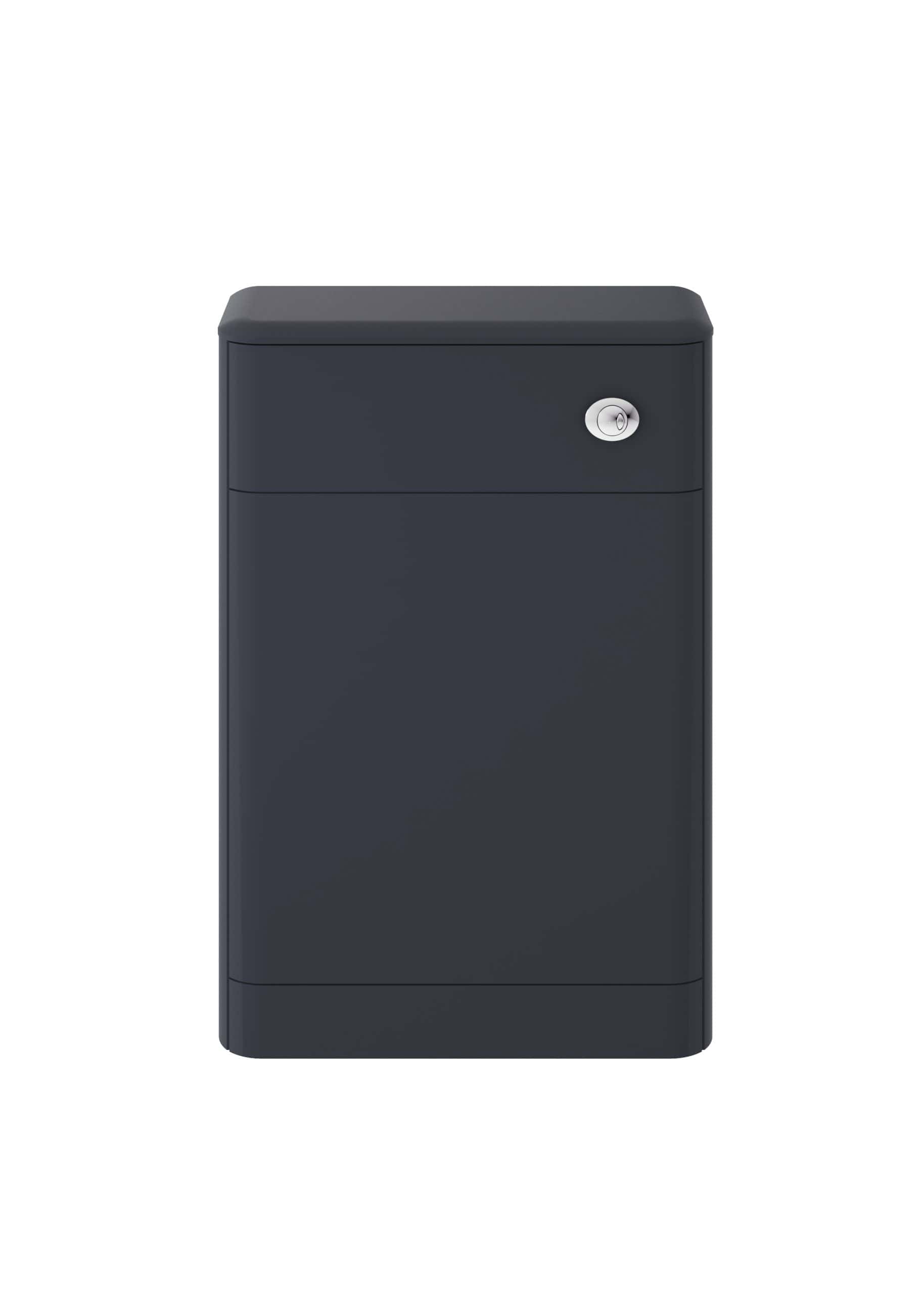 Contemporary dark grey bathroom cabinet with lockable door, ideal for secure storage of bathroom essentials and toiletries.