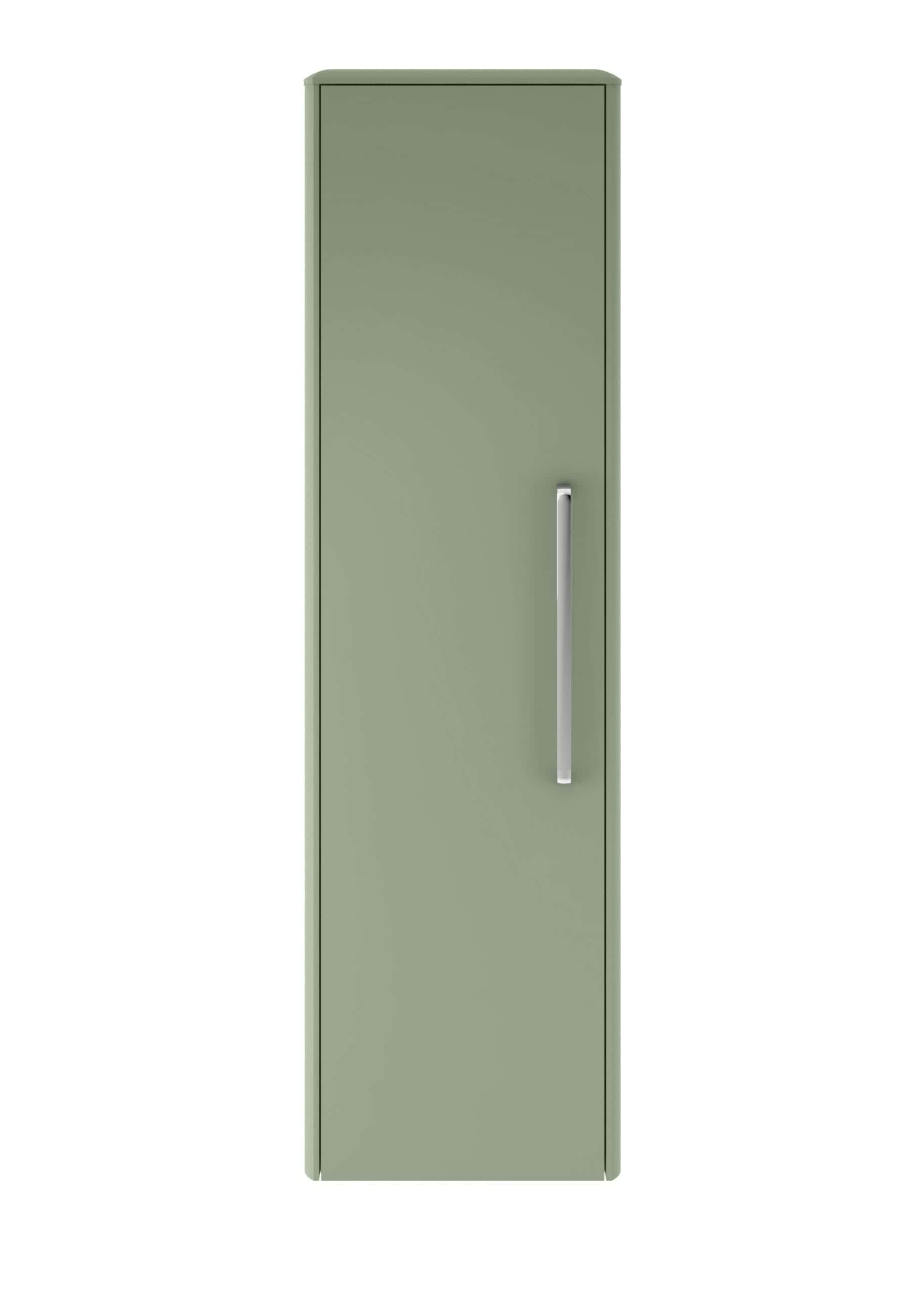 Modern green bathroom storage cabinet with sleek silver handle, ideal for bathroom organisation and storage solutions.