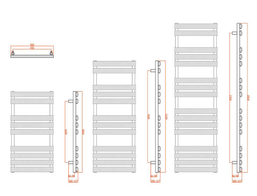 Reina Arbori Chrome Heated Towel Rail - technical drawing with dimensions