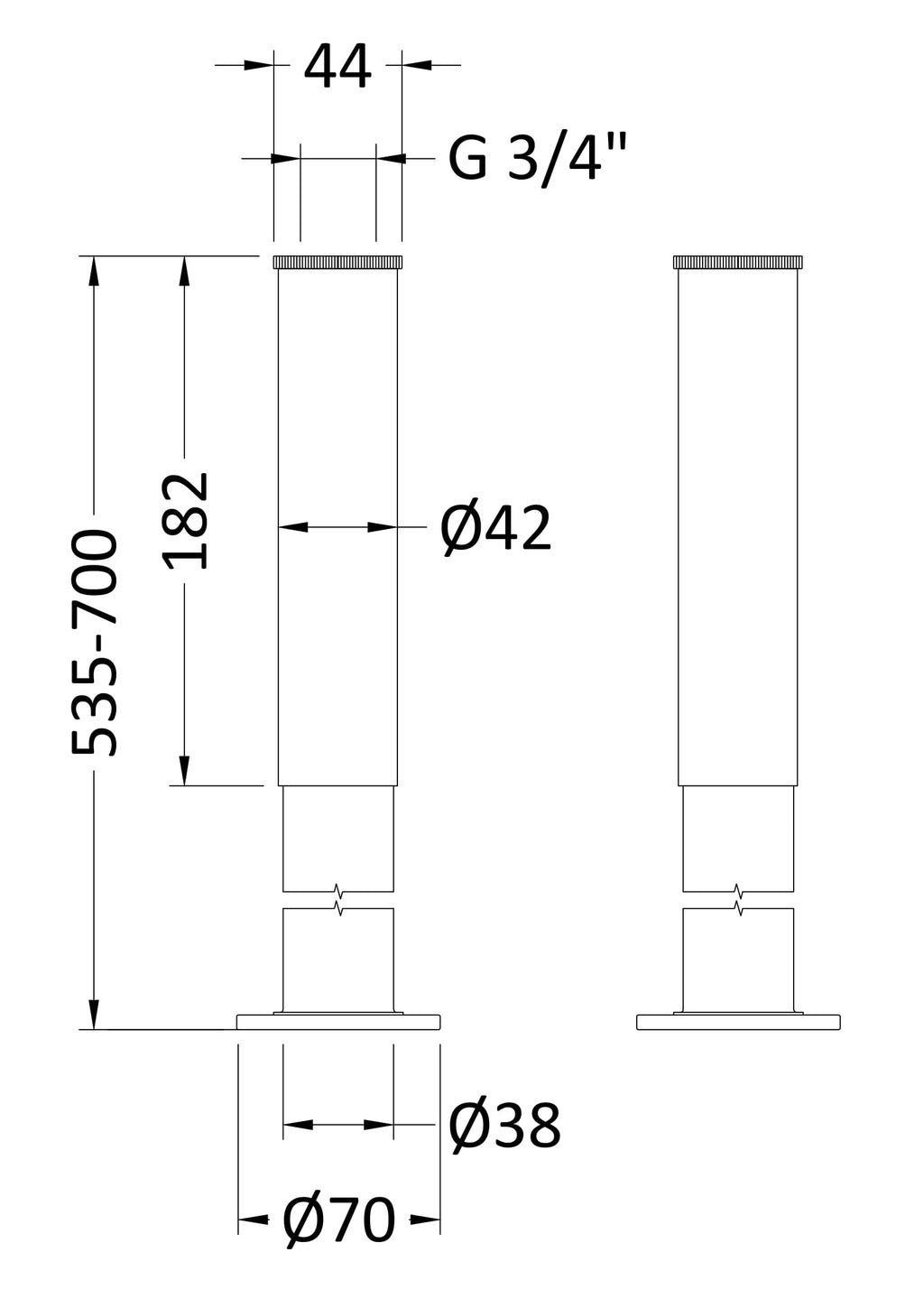 High-quality bathroom tap with detailed technical drawing, measuring 182mm in height, with a 42mm diameter spout and G 3/4" threading, ideal for modern bathroom fixtures.