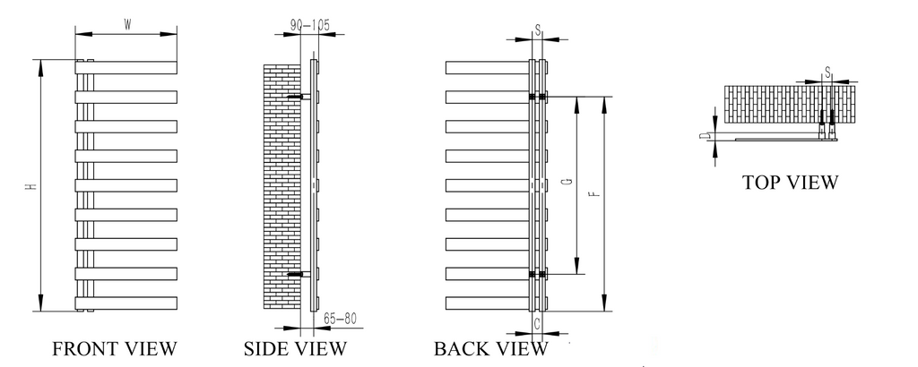 Reina Capelli Polished Stainless Steel Heated Towel Rail - technical drawing with dimensions
