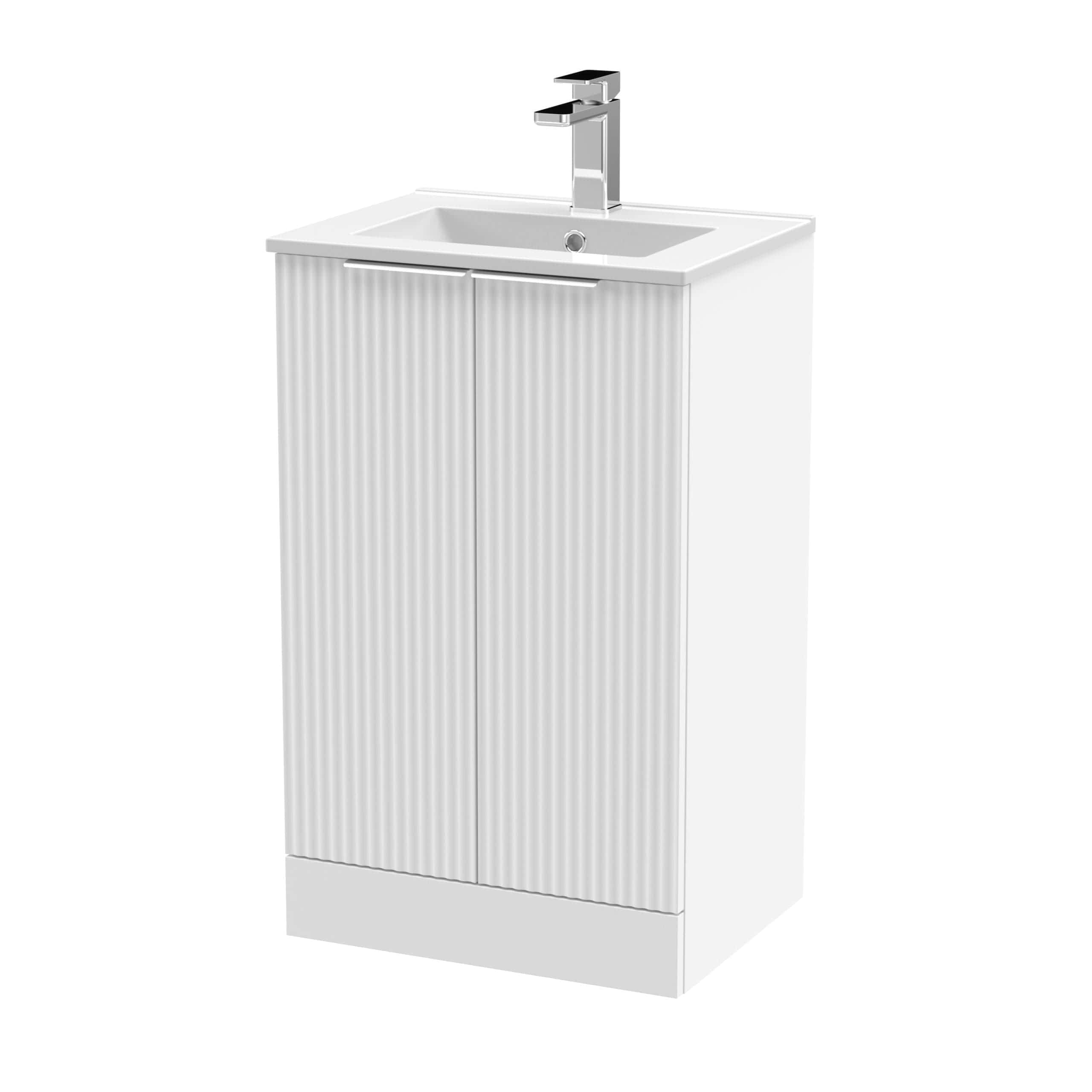 Sleek white bathroom vanity with integrated sink and modern chrome faucet, perfect for contemporary bathroom designs. Durable, stylish storage unit ideal for organising bathroom essentials.