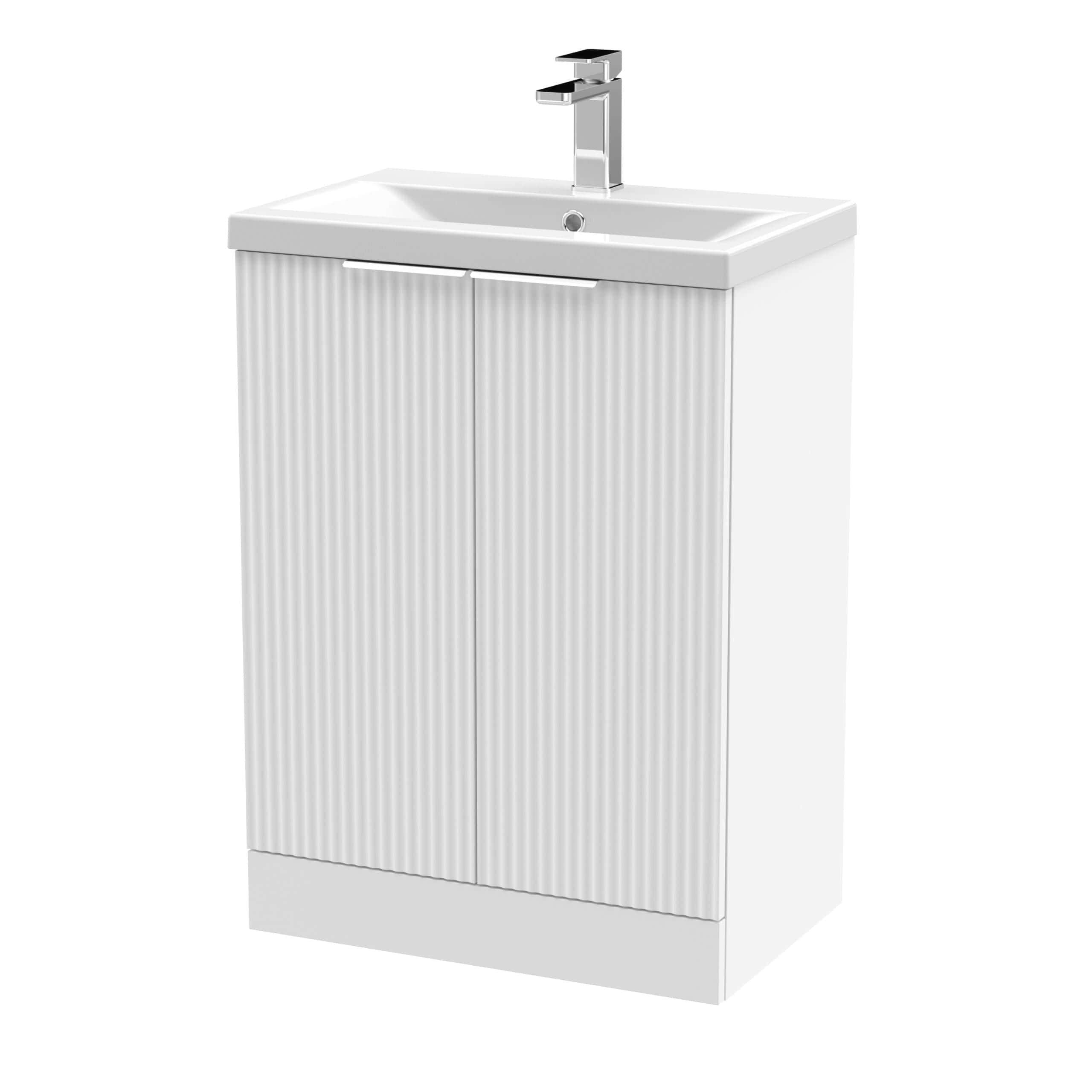 Modern white bathroom vanity unit with integrated sink and sleek chrome faucet, perfect for contemporary bathroom interiors.