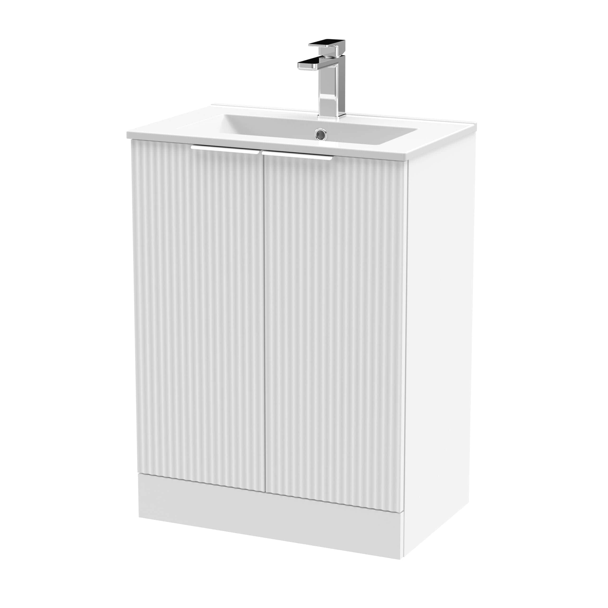 White bathroom vanity unit with integrated sink and chrome faucet, ideal for modern Bubly bathrooms and space-saving bathroom designs.