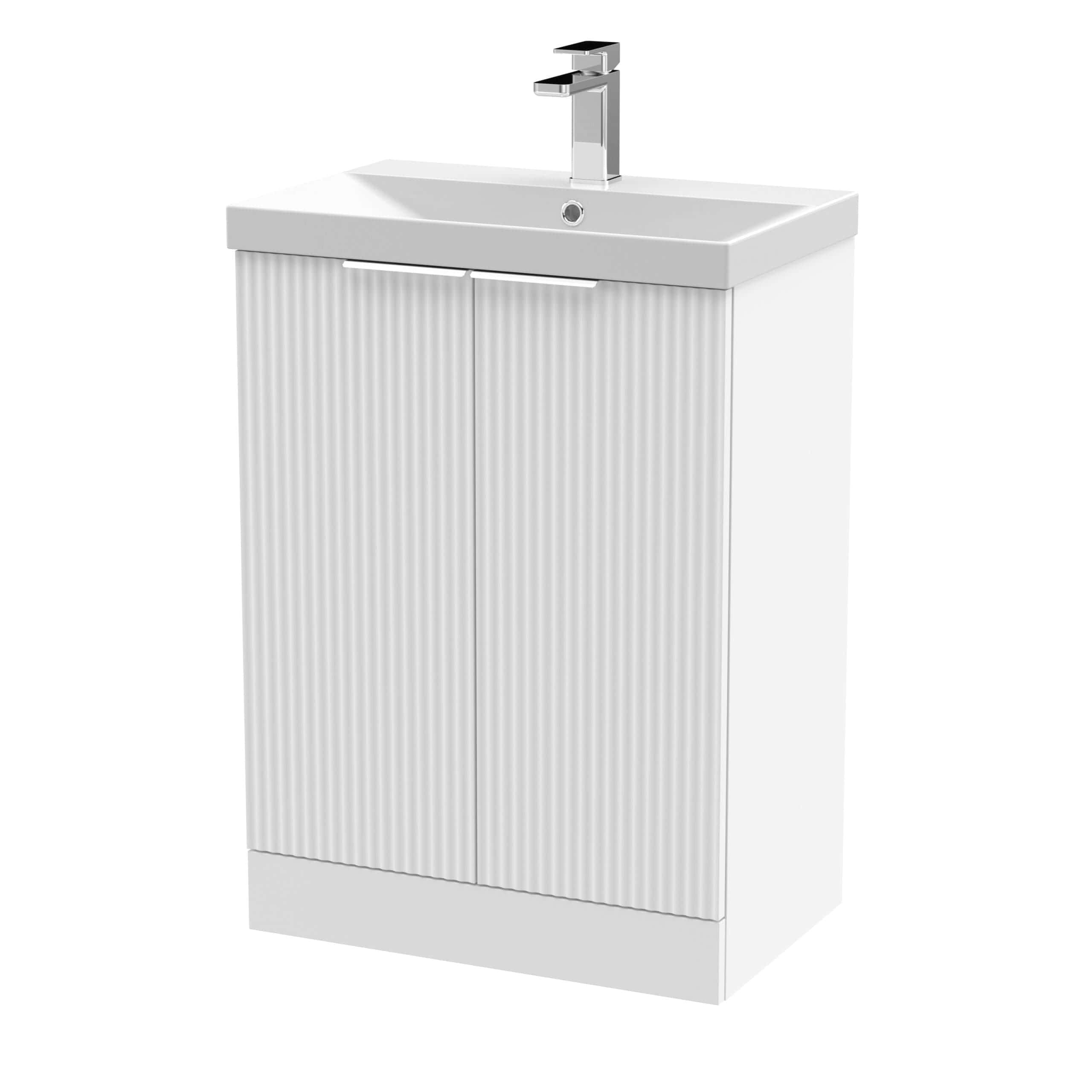 Sleek white bathroom vanity with storage cabinet and modern basin with chrome tap, ideal for contemporary bathroom designs. Perfect solution for bathroom storage and aesthetics.