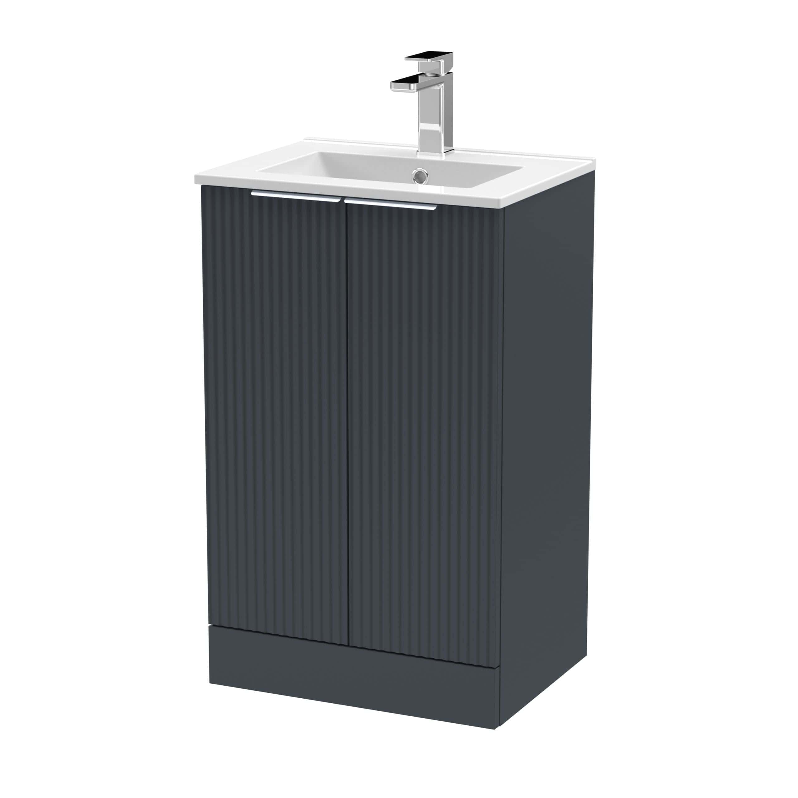 Modern bathroom vanity unit with integrated sink and sleek black finish, perfect for contemporary bathroom designs and storage solutions.