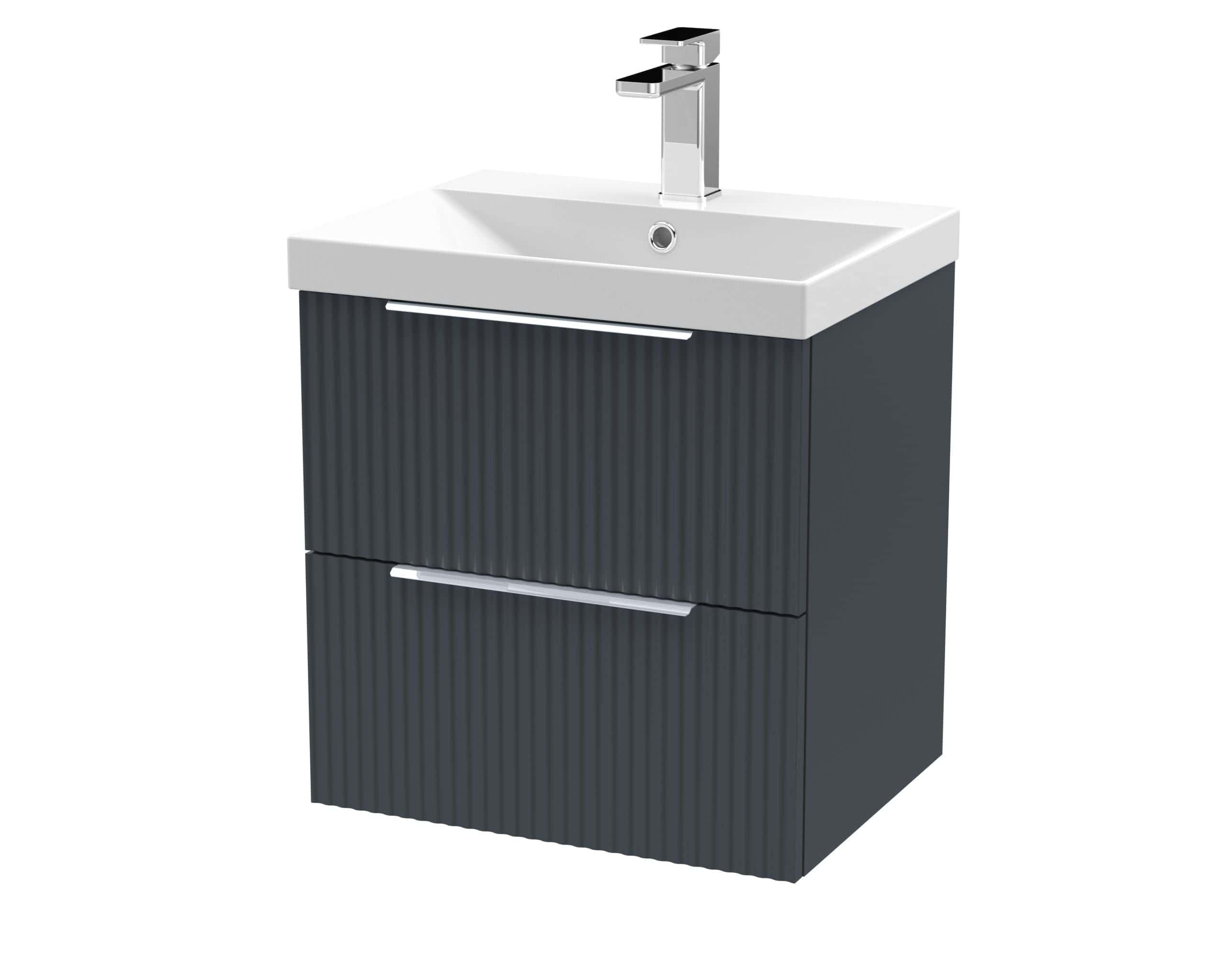 Contemporary bathroom vanity unit with integrated sink, modern chrome tap, and dark textured cabinet for stylish bathroom storage solutions.