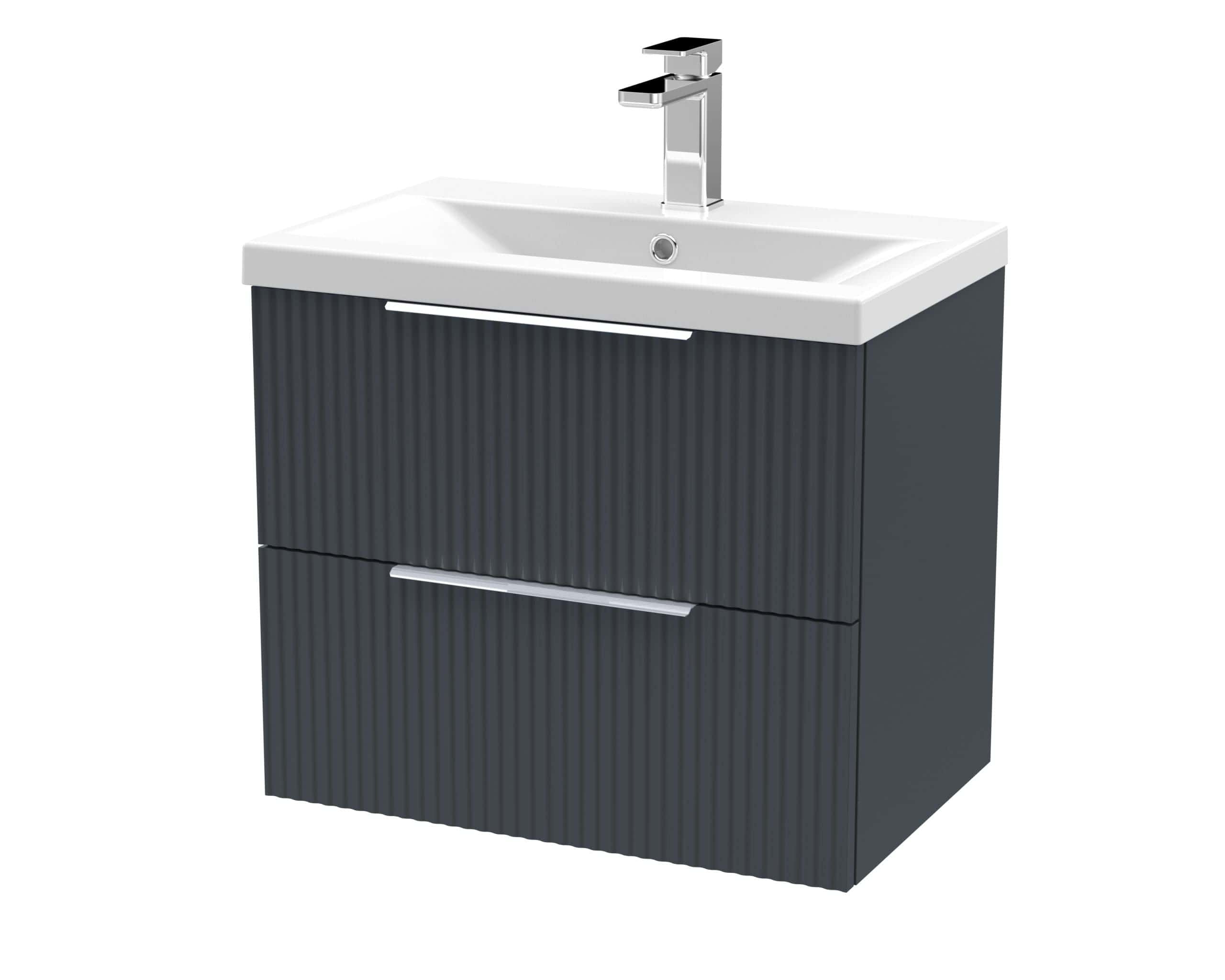 Sleek modern bathroom vanity with integrated sink and stylish ribbed grey cabinet, perfect for contemporary Bubly bathrooms and enhancing bathroom storage and design.