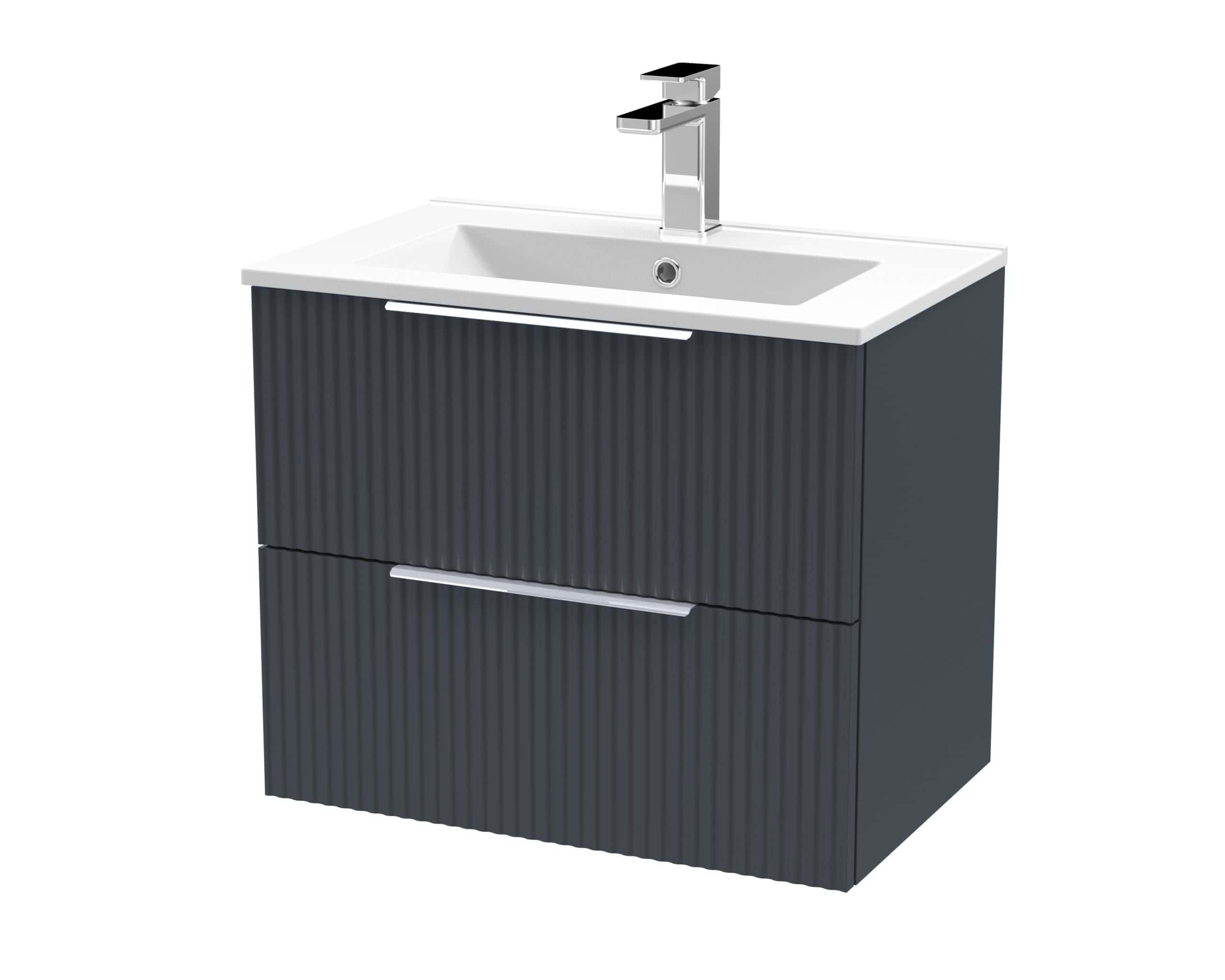 Sleek modern bathroom vanity unit with a stylish ribbed black finish and integrated sink, ideal for contemporary bathroom design and storage solutions.