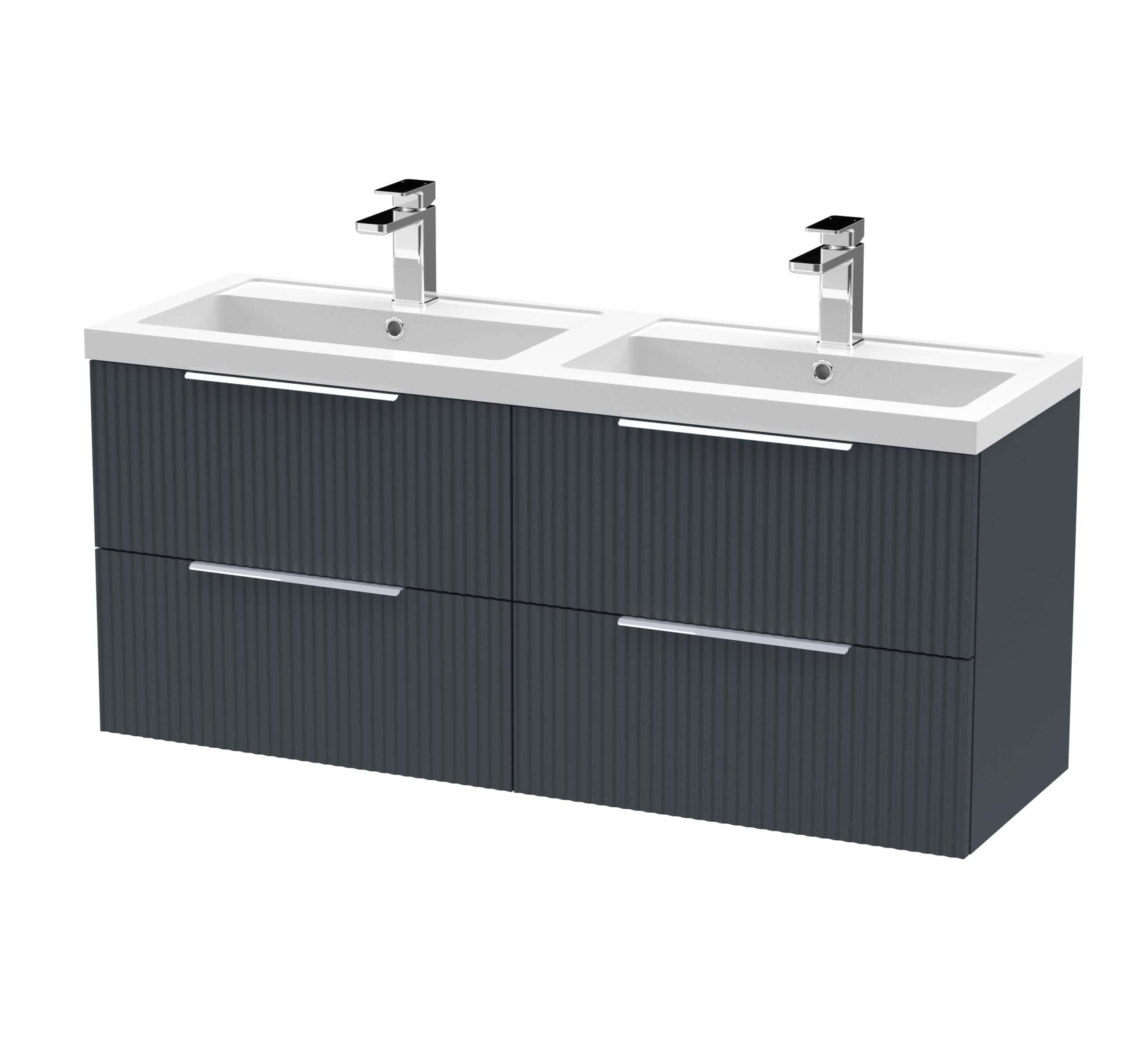 Contemporary double bathroom vanity with two sinks and modern chrome faucets, sleek black textured cabinetry, perfect for stylish and functional bathroom design.