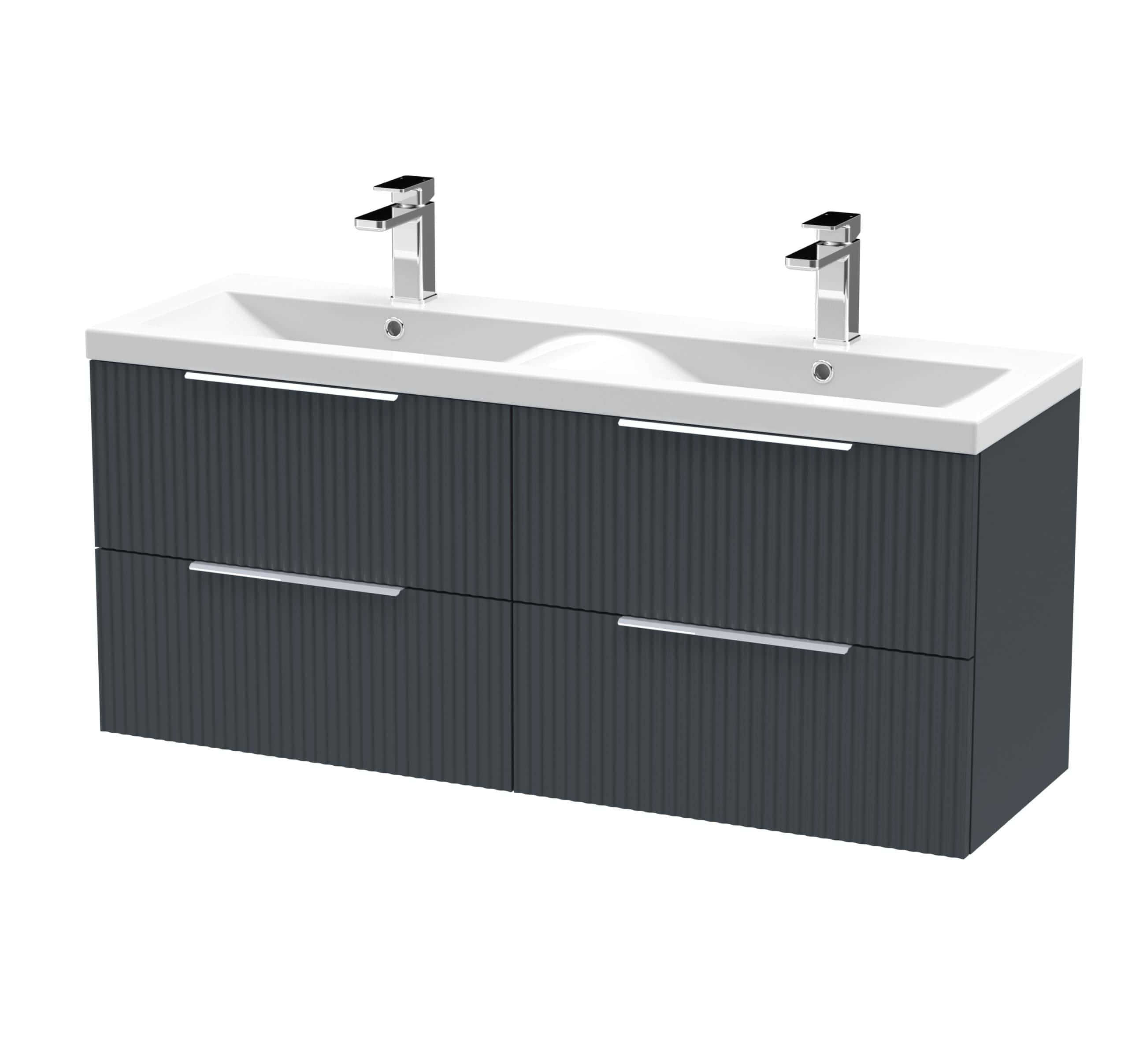 Double modern bathroom vanity unit with two integrated sinks and chrome faucets, black ribbed finish, optimal for contemporary bathroom designs.