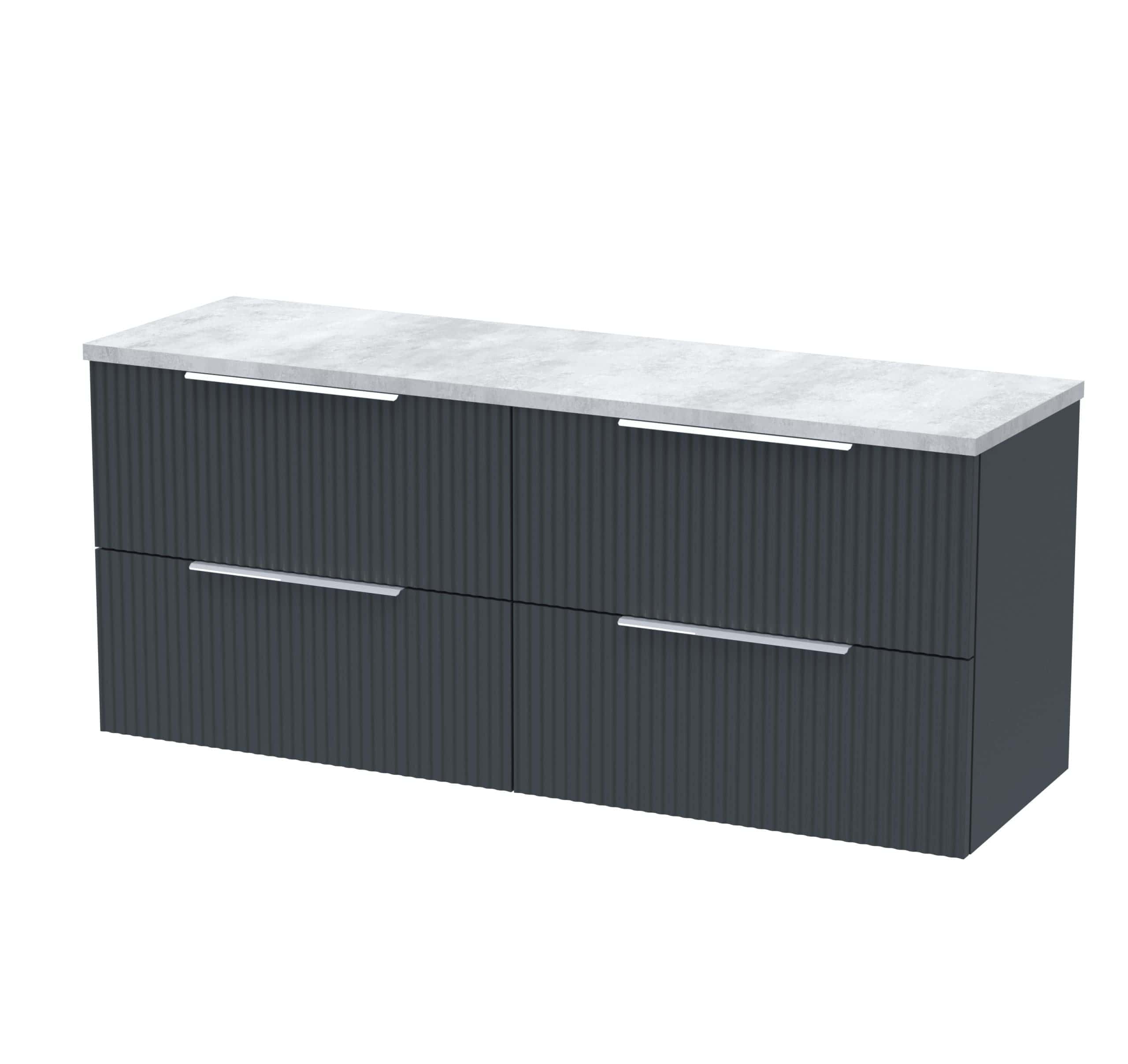 Modern grey bathroom storage unit with ribbed doors and white marble countertop, ideal for stylish bathroom organisation and space-saving solutions.