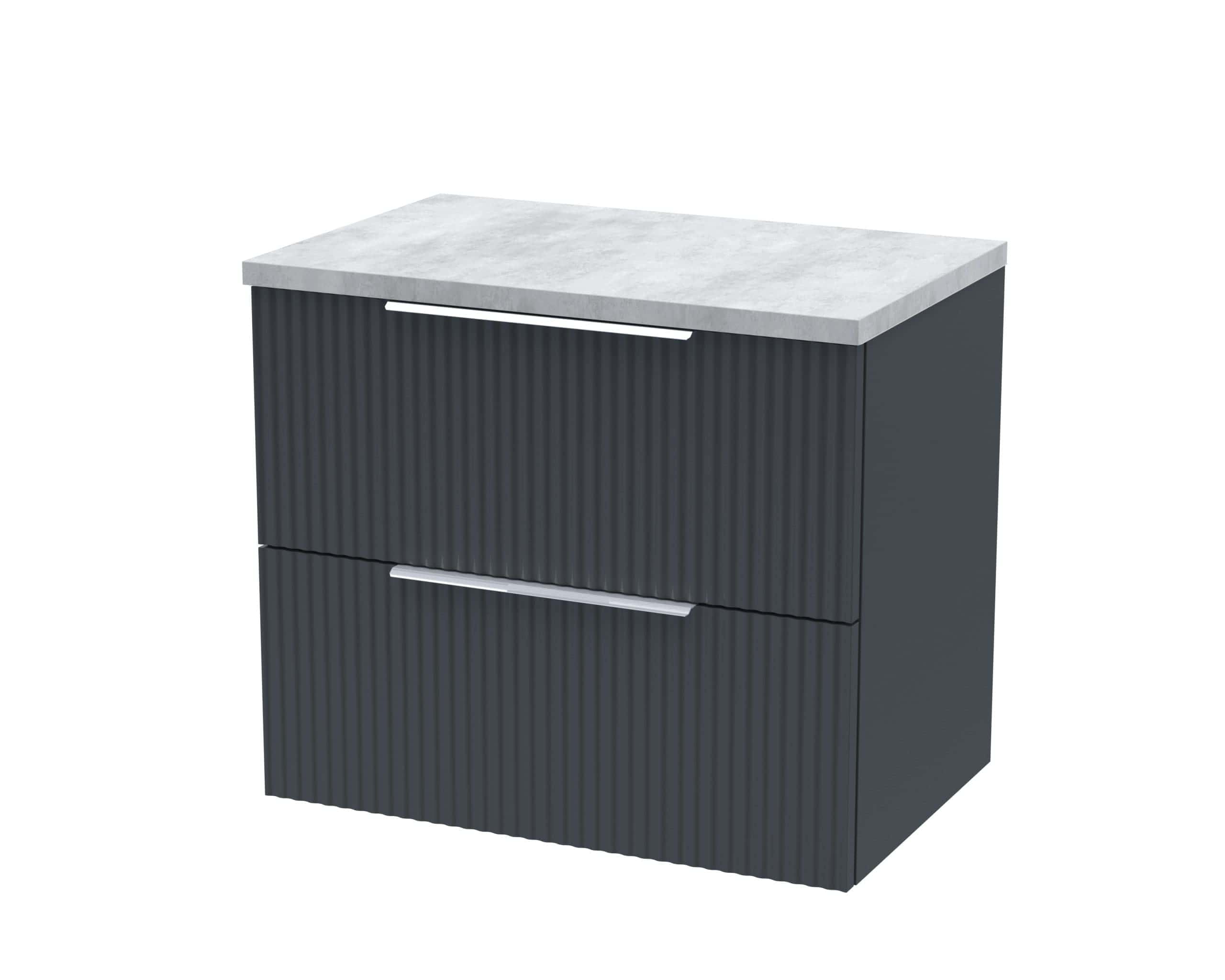 Stylish modern bathroom vanity unit with a marble top, textured black finish, sleek silver handles, ideal for contemporary bathroom designs and storage solutions.