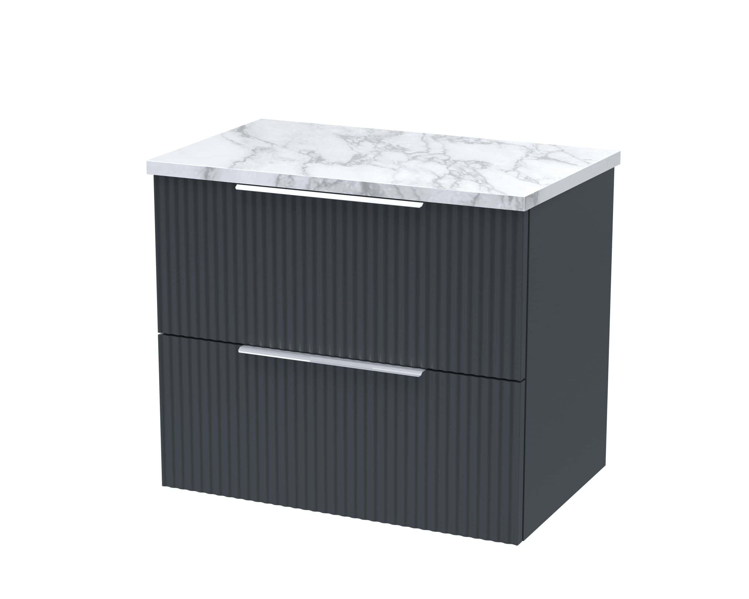 Contemporary bathroom vanity with a dark grey finish, ribbed cabinet doors, and sleek metal handles, topped with a luxurious white marble countertop featuring grey veining, designed for modern bathrooms.