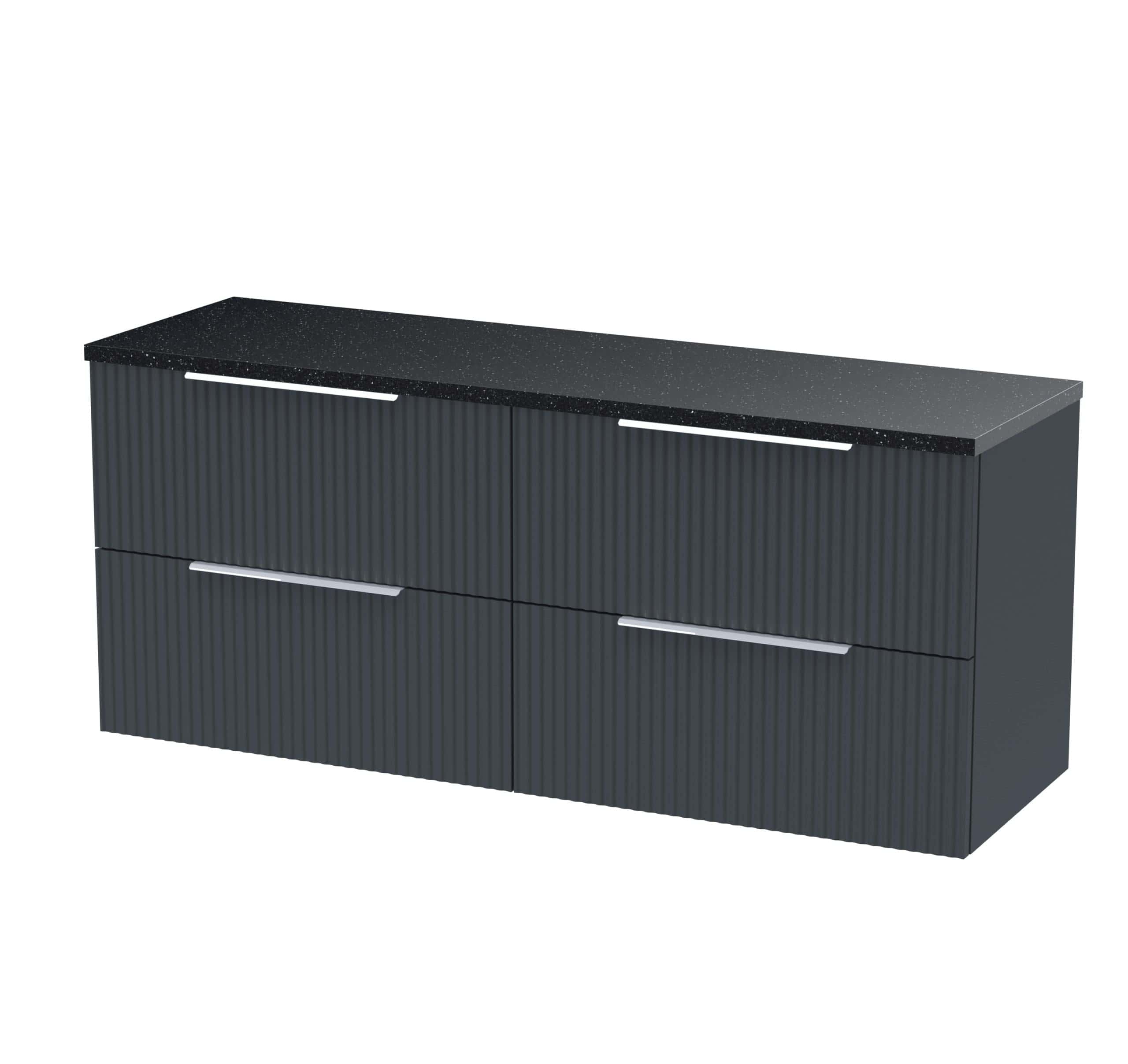 Sleek black bathroom vanity unit with a speckled countertop and ribbed drawer fronts, perfect for modern bathroom storage and style.