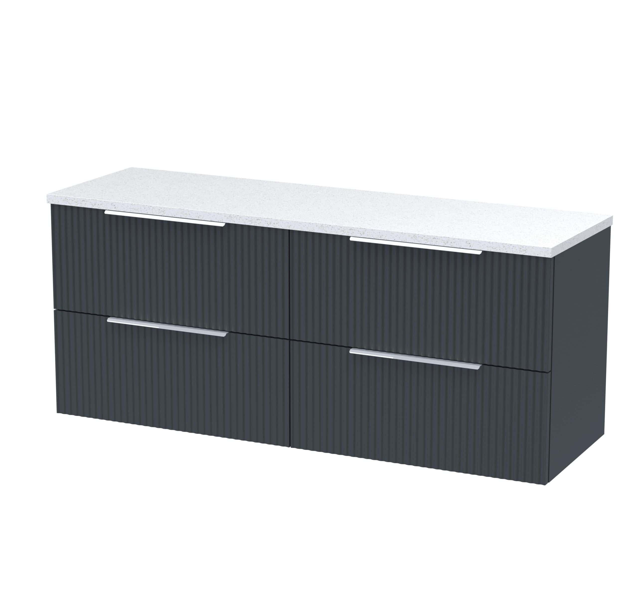 Sleek dark grey bathroom vanity with ribbed cabinet doors and a white stone-effect countertop, designed for modern bathroom storage solutions.