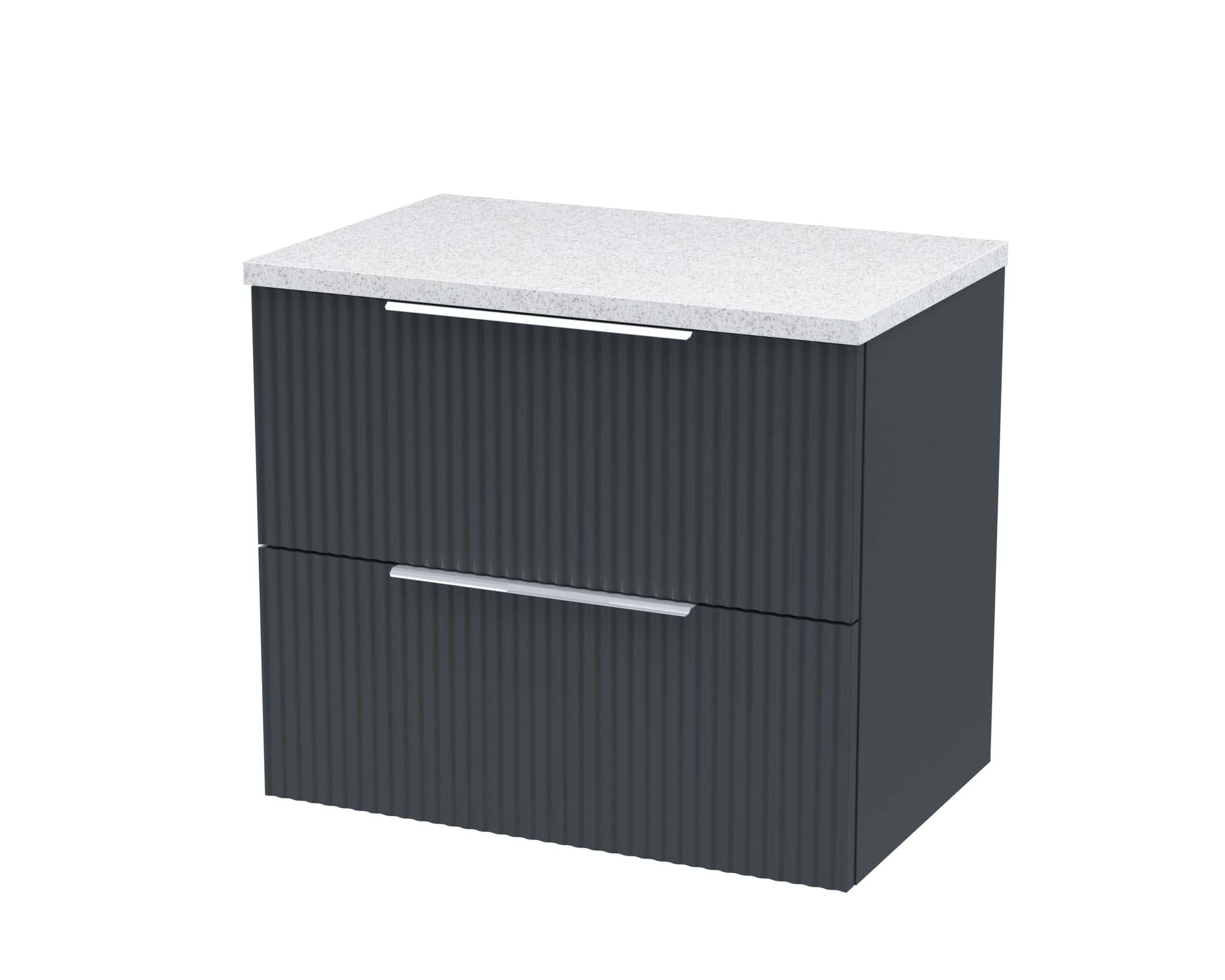 Sleek modern bathroom cabinet with textured dark grey finish and white speckled countertop, ideal for contemporary bathroom storage solutions.