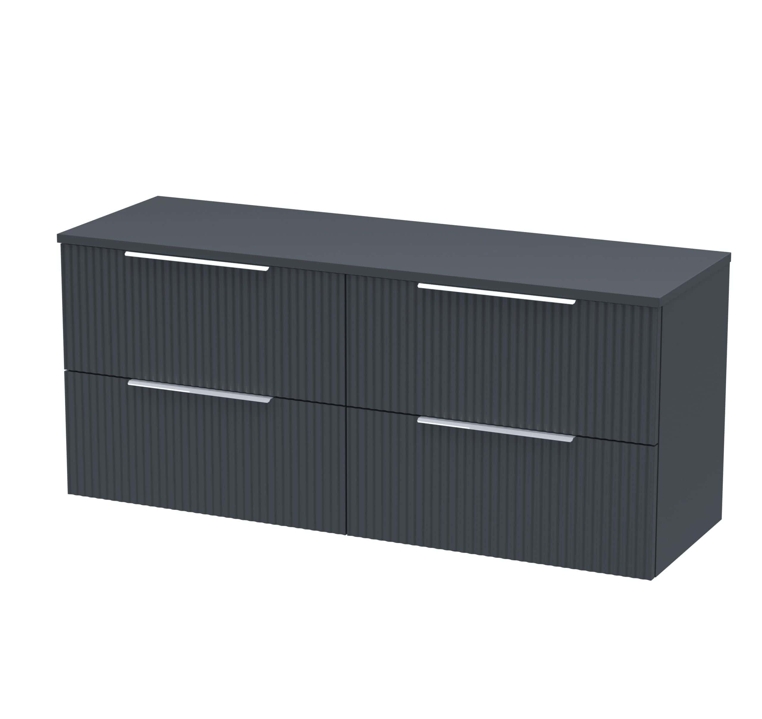 Stylish dark grey bathroom cabinet with ribbed door design and sleek metal handles, ideal for modern bathroom storage solutions.