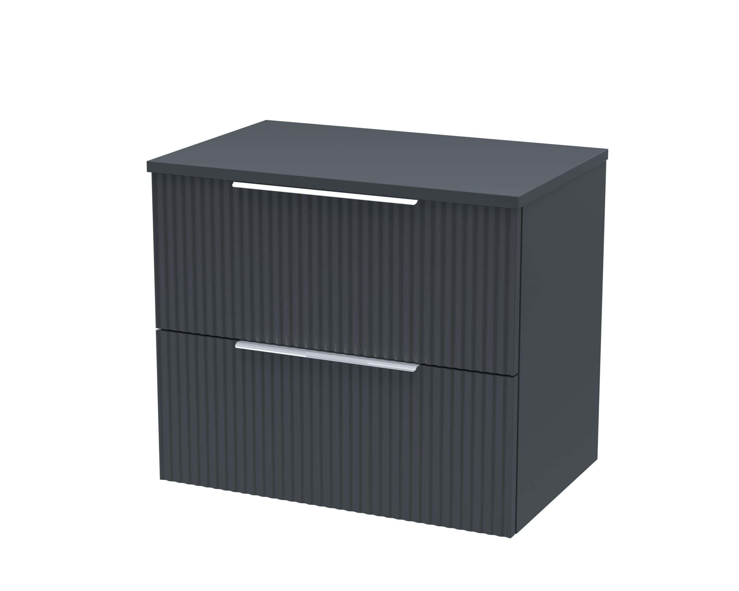 Sleek dark grey bathroom vanity cabinet with textured ribbed drawer fronts and modern silver handles, ideal for contemporary bathroom storage solutions.